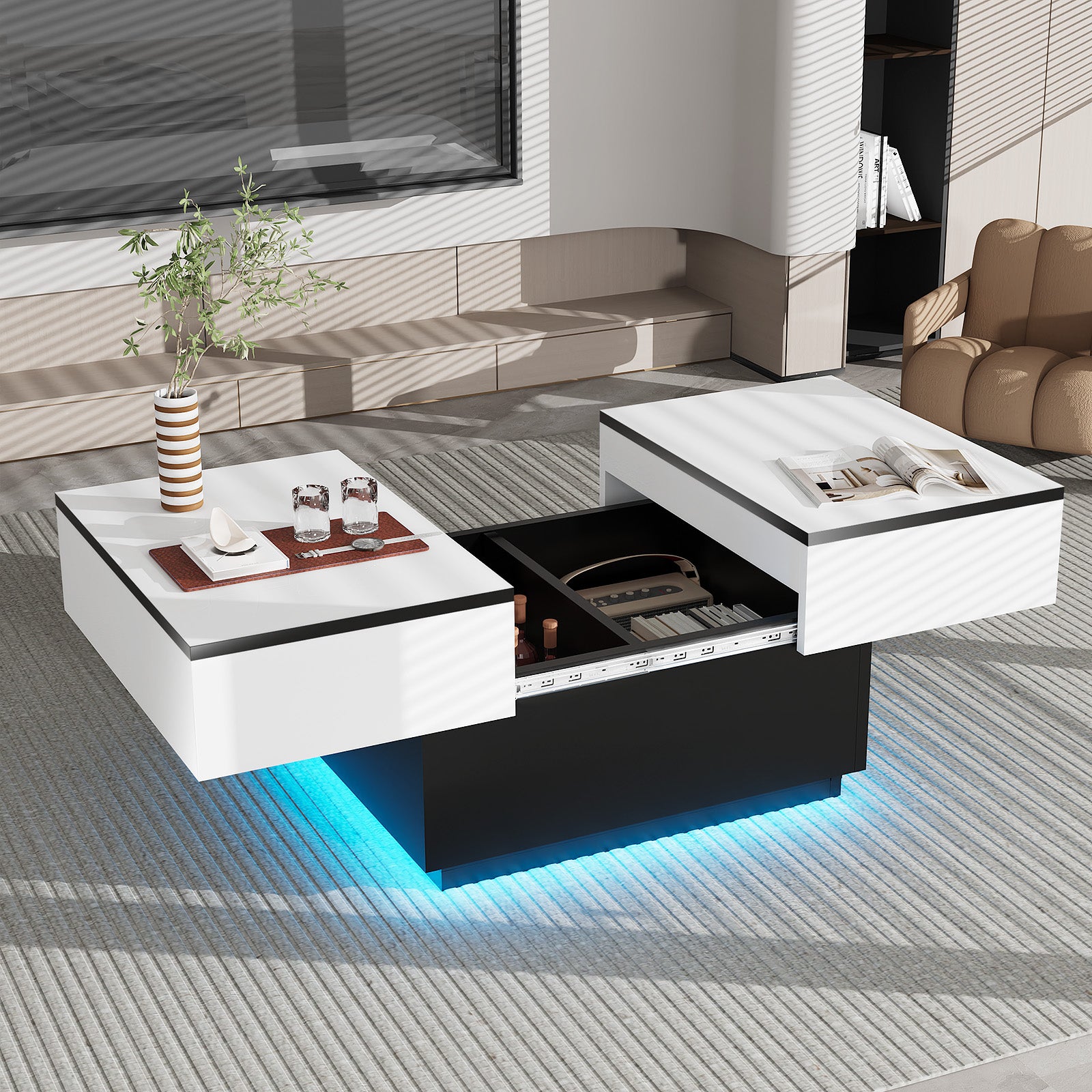 OYAJIA Extendable Coffee Table with Hidden Storage, 20-Color Lights and App Control for Living Room