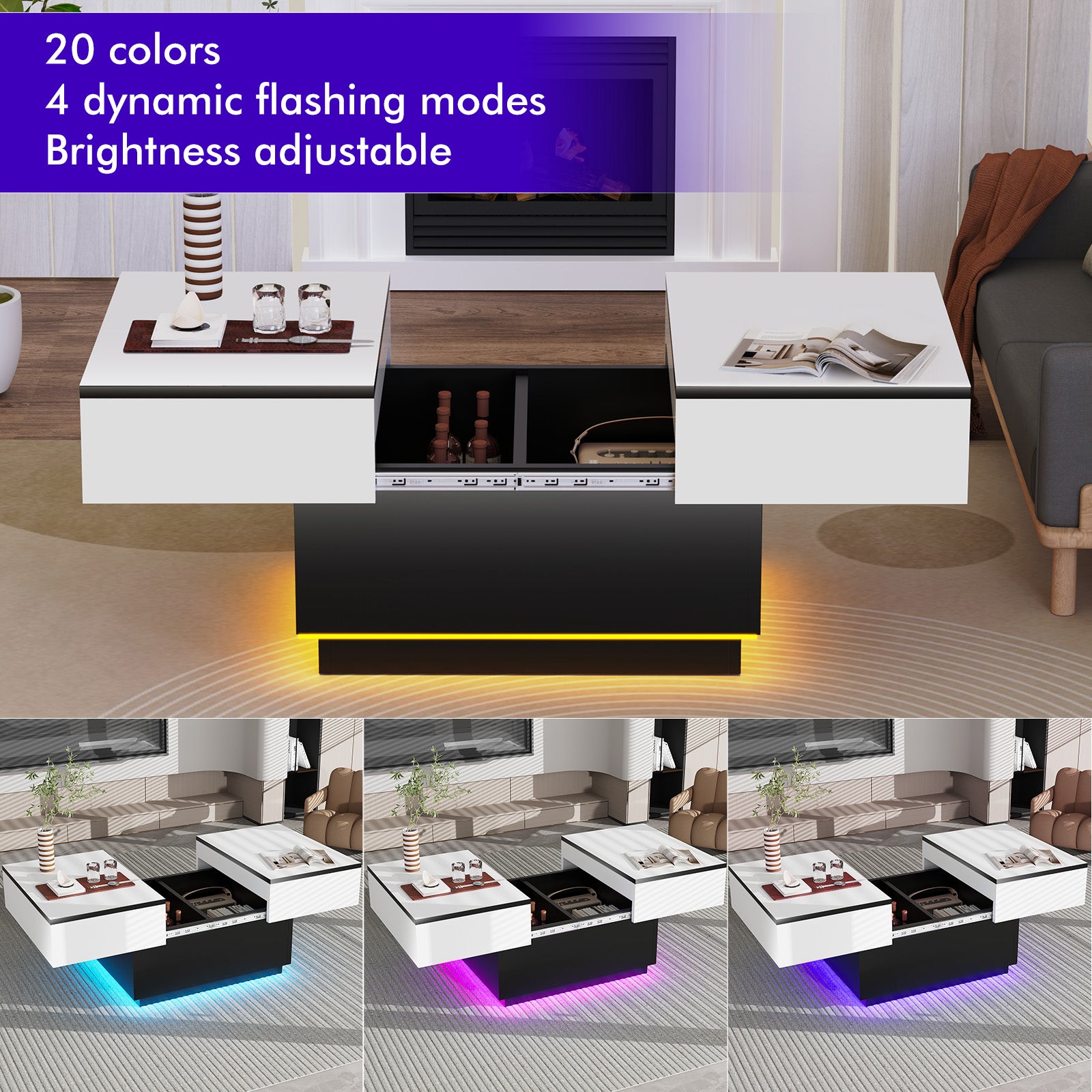 OYAJIA Extendable Coffee Table with Hidden Storage, 20-Color Lights and App Control for Living Room