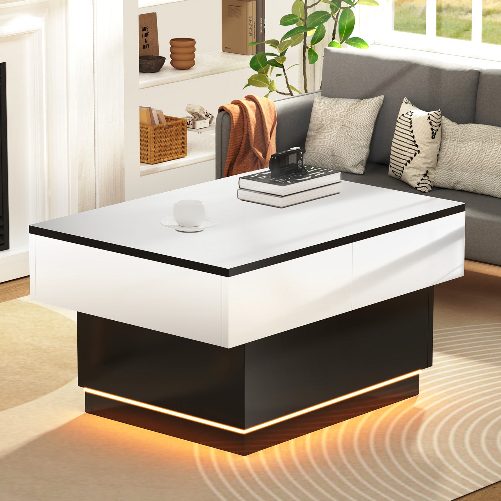 OYAJIA Extendable Coffee Table with Hidden Storage, 20-Color Lights and App Control for Living Room