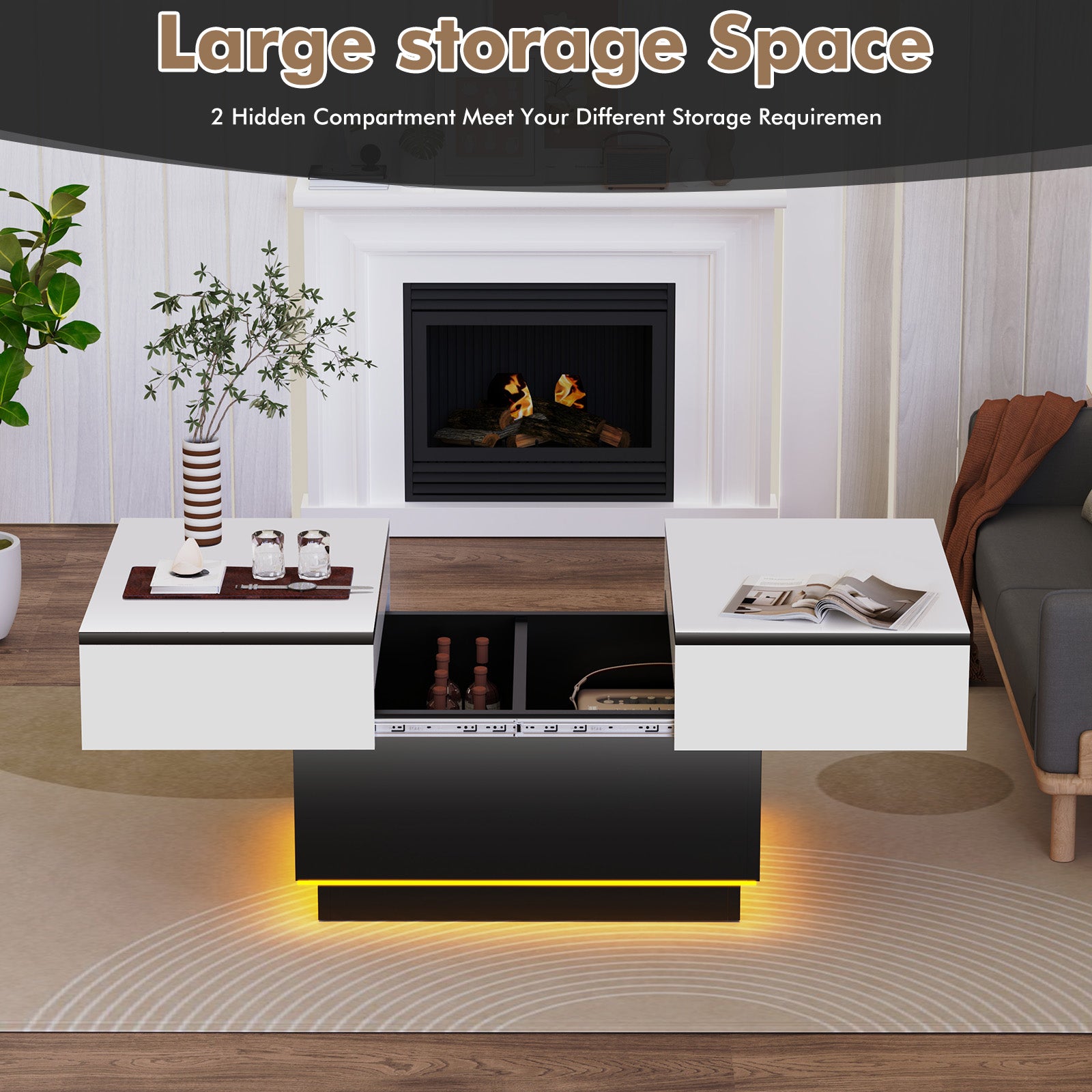 OYAJIA Extendable Coffee Table with Hidden Storage, 20-Color Lights and App Control for Living Room