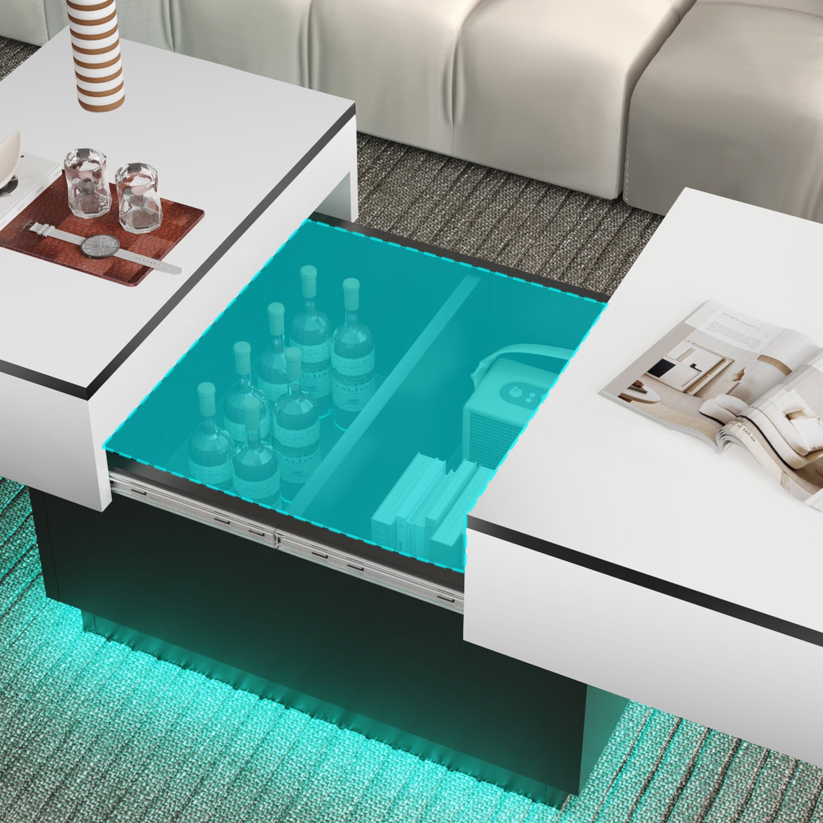OYAJIA Extendable Coffee Table with Hidden Storage, 20-Color Lights and App Control for Living Room