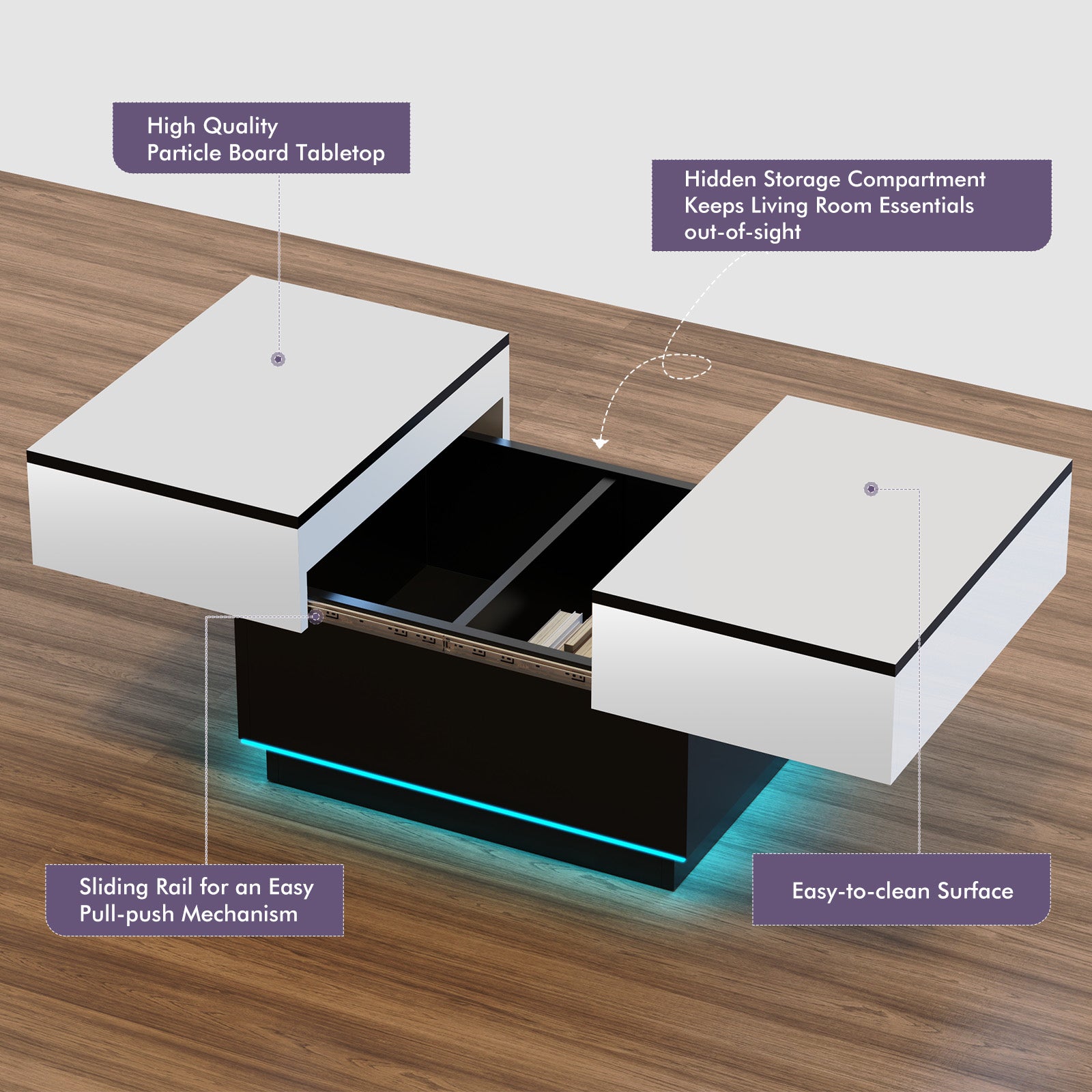 OYAJIA Extendable Coffee Table with Hidden Storage, 20-Color Lights and App Control for Living Room
