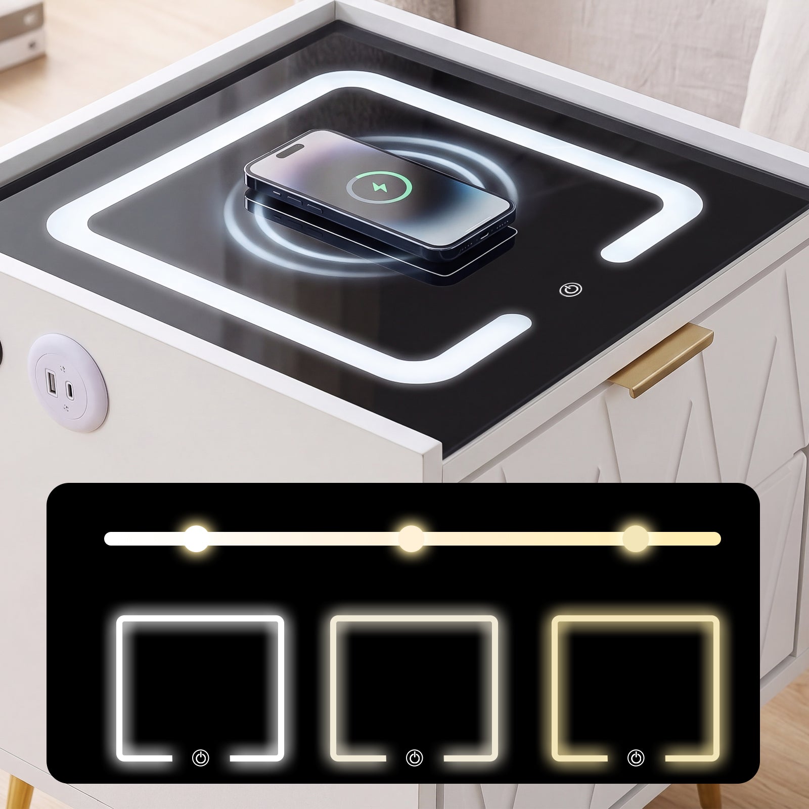 OYAJIA Nightstand with 2/3 Drawers, 15W Wireless Charging, USB and Type-C Ports