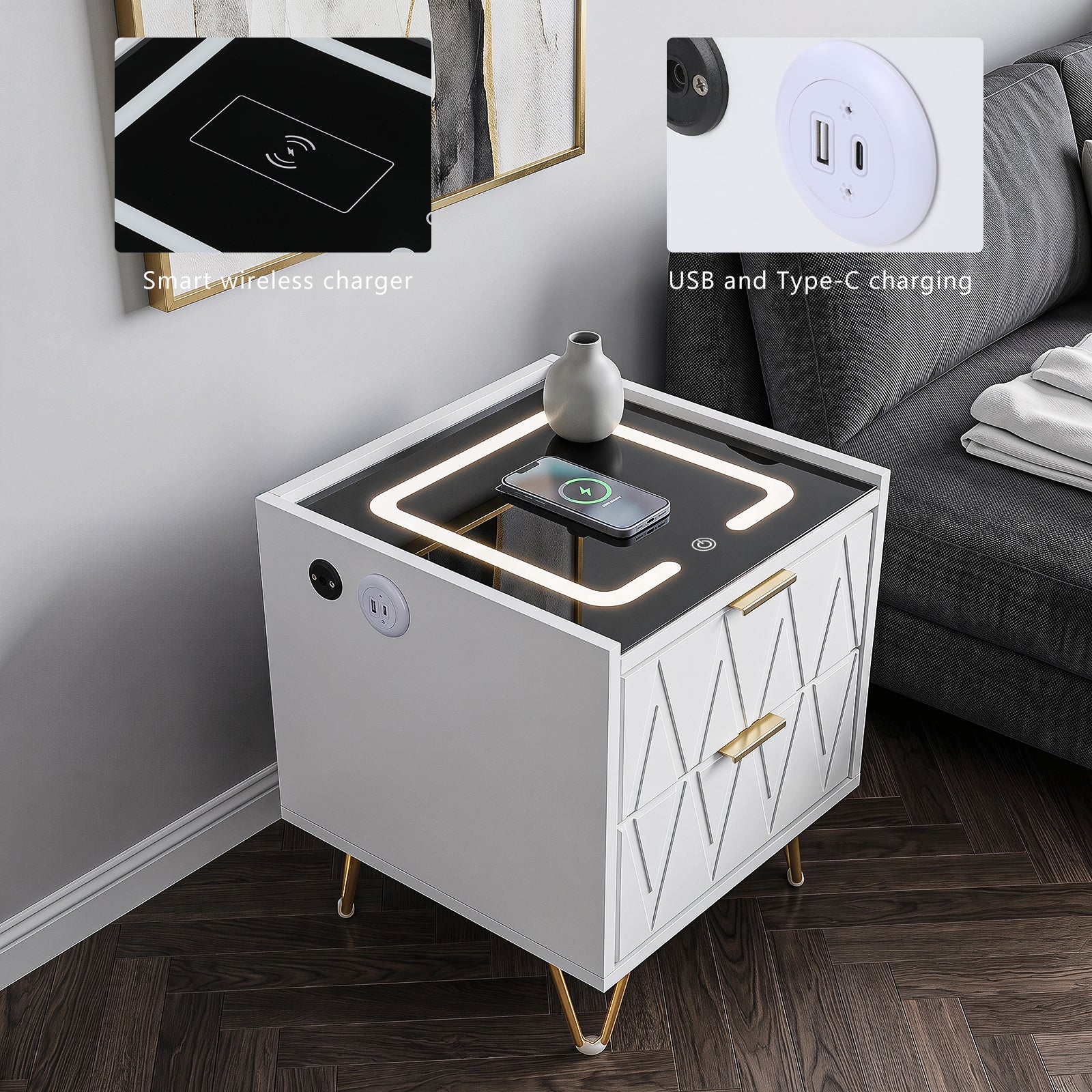 OYAJIA Nightstand with 2/3 Drawers, 15W Wireless Charging, USB and Type-C Ports