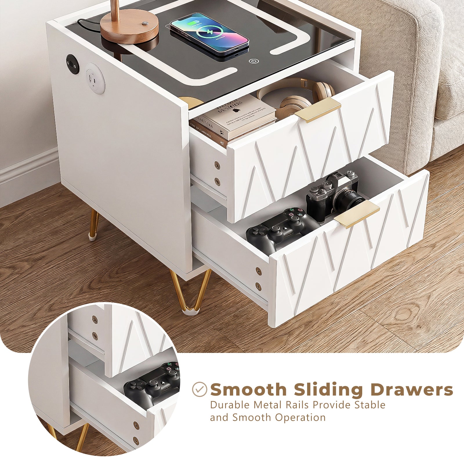 OYAJIA Nightstand with 2/3 Drawers, 15W Wireless Charging, USB and Type-C Ports