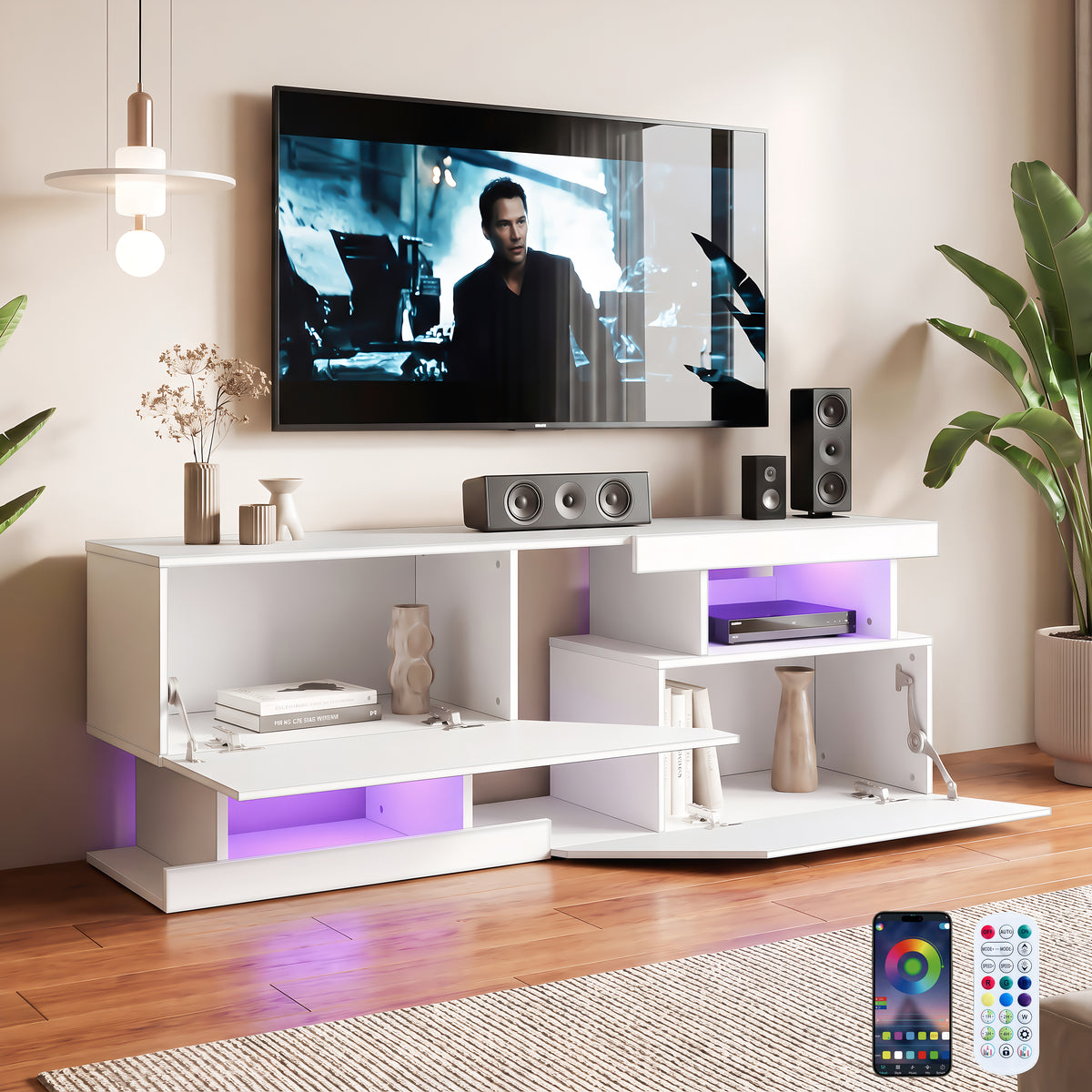 OYAJIA 140 cm TV-Ständer mit RGB-LED-Leuchten, 2 Türen und offenen Regalen