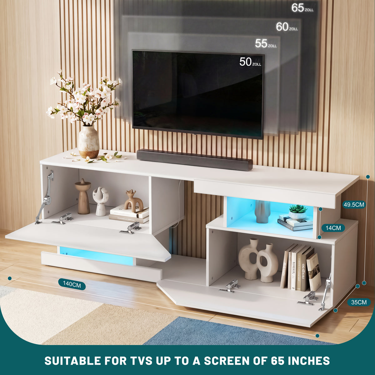 OYAJIA 140 cm TV-Ständer mit RGB-LED-Leuchten, 2 Türen und offenen Regalen