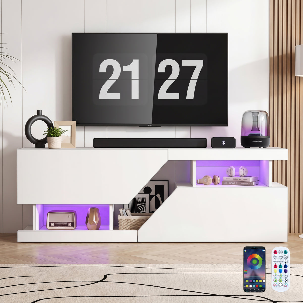OYAJIA 140 cm TV-Ständer mit RGB-LED-Leuchten, 2 Türen und offenen Regalen
