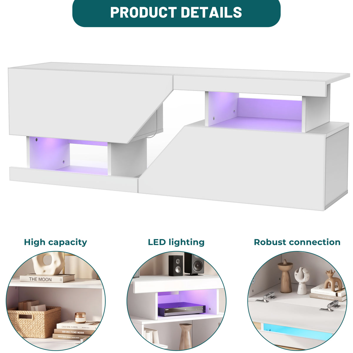 OYAJIA 140 cm TV-Ständer mit RGB-LED-Leuchten, 2 Türen und offenen Regalen