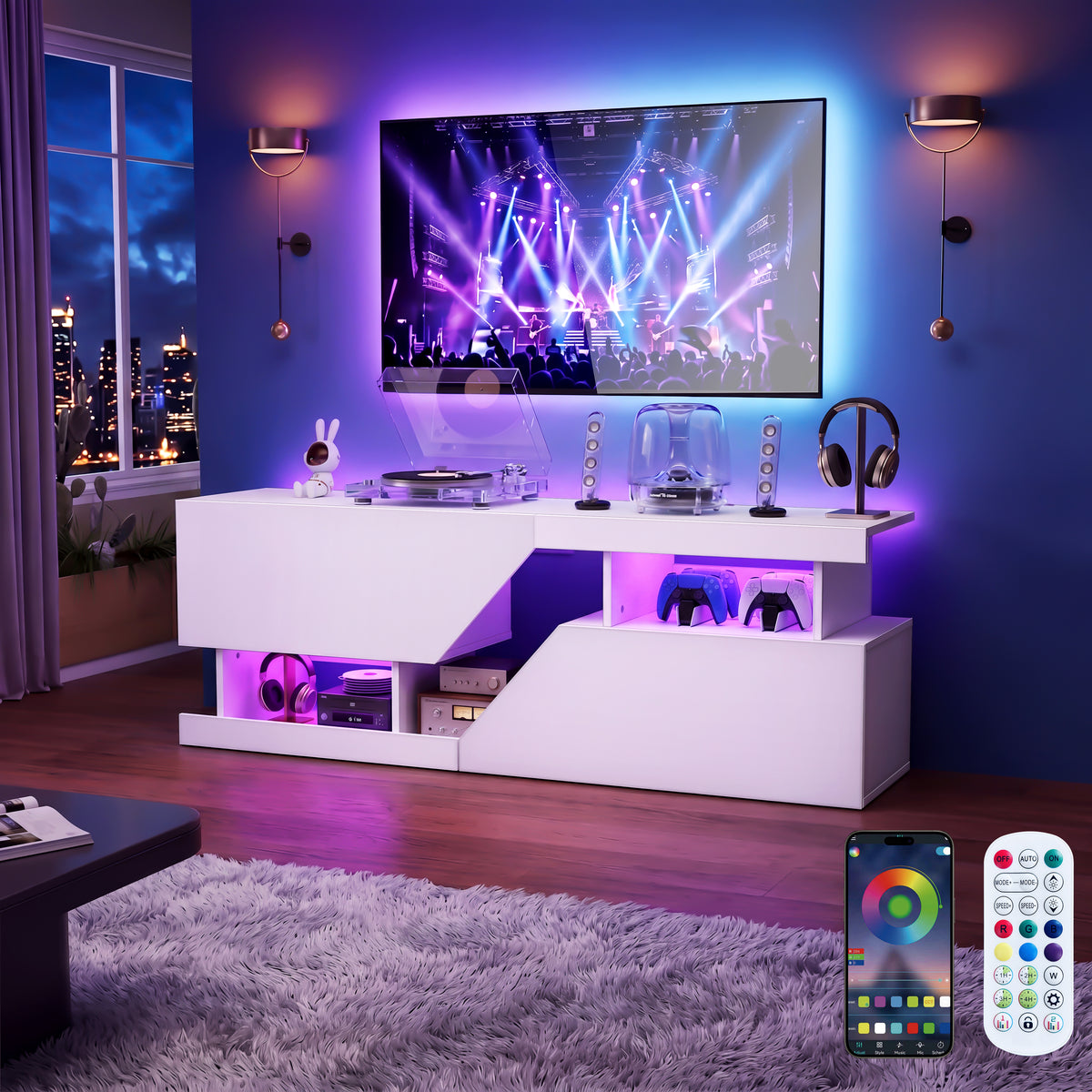 OYAJIA 140 cm TV-Ständer mit RGB-LED-Leuchten, 2 Türen und offenen Regalen