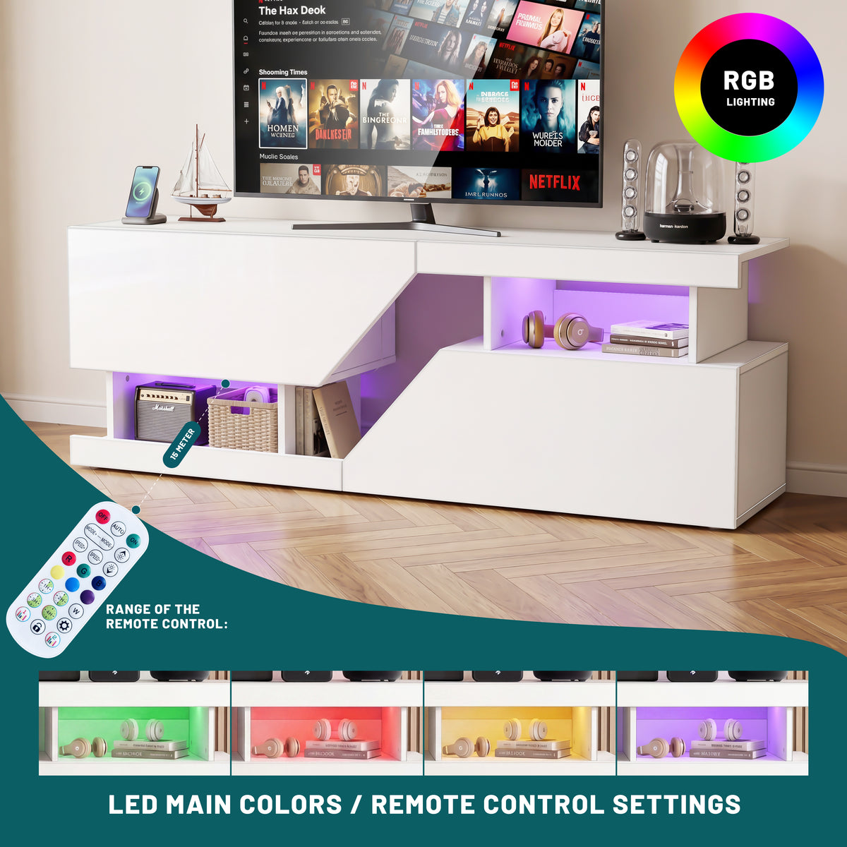 OYAJIA 140 cm TV-Ständer mit RGB-LED-Leuchten, 2 Türen und offenen Regalen