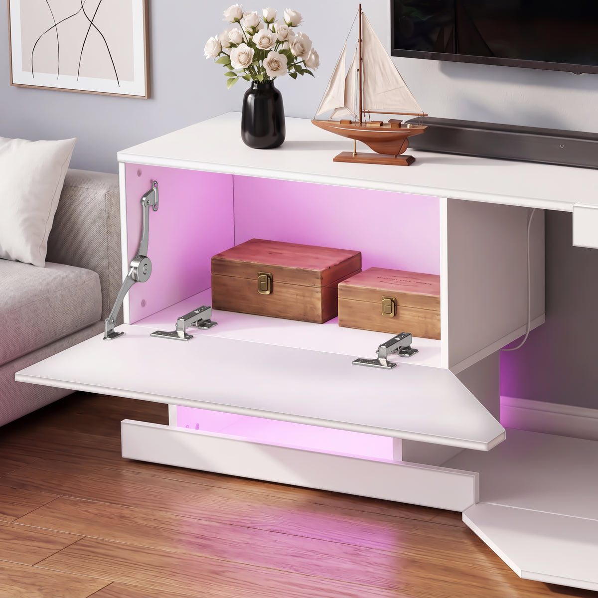 OYAJIA 140 cm TV-Ständer mit RGB-LED-Leuchten, 2 Türen und offenen Regalen
