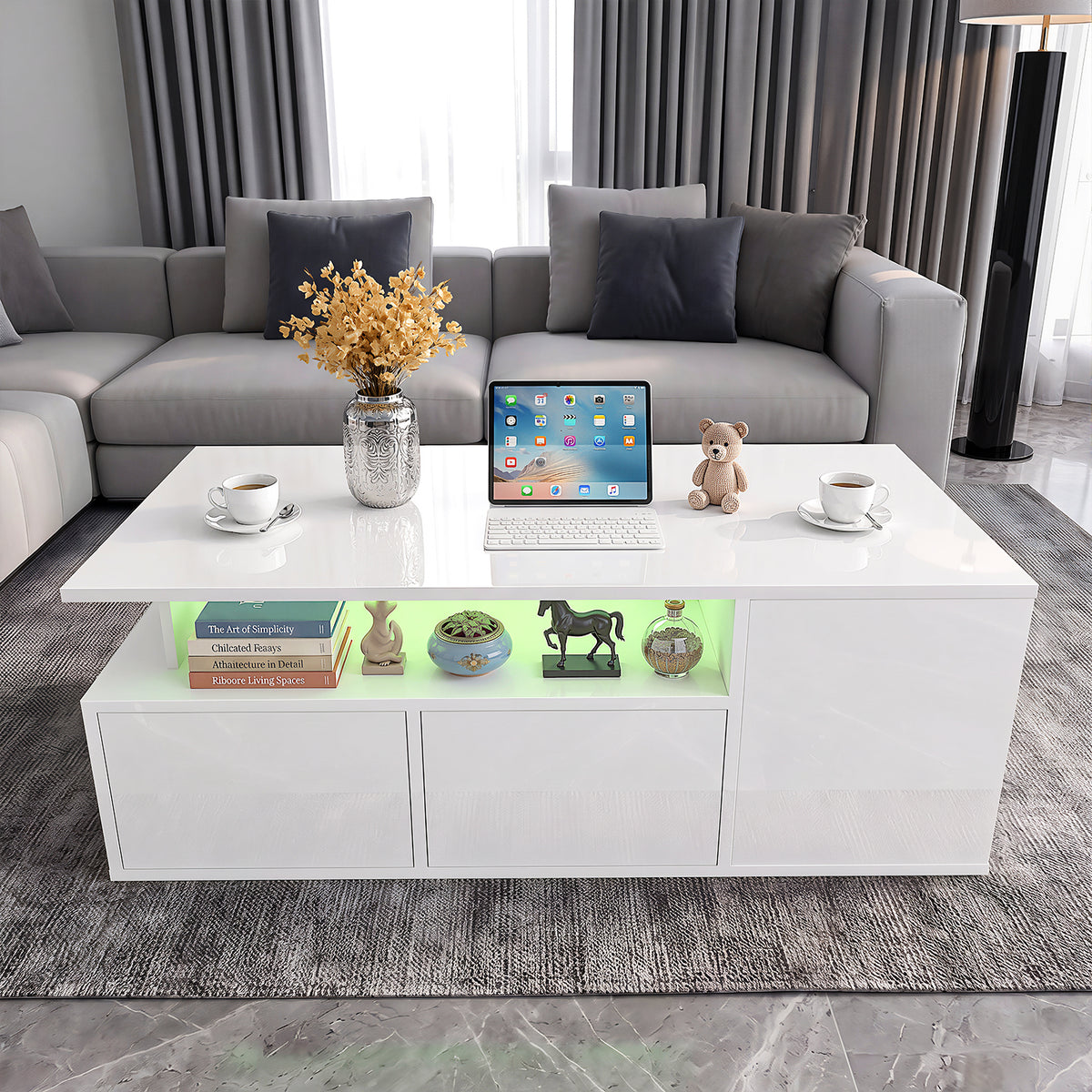 OYAJIA White High Gloss Coffee Table with RGB LED Lights