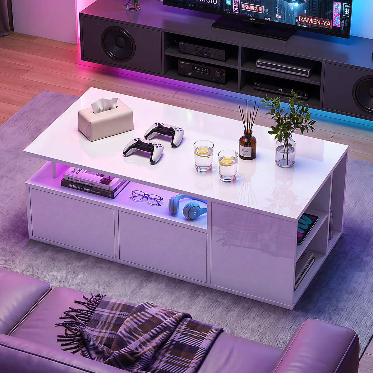 OYAJIA White High Gloss Coffee Table with RGB LED Lights