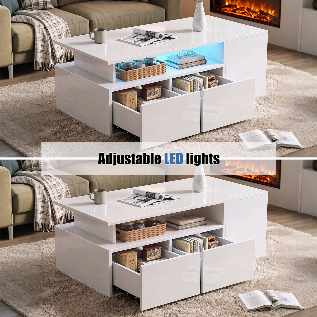 OYAJIA White High Gloss Coffee Table with RGB LED Lights