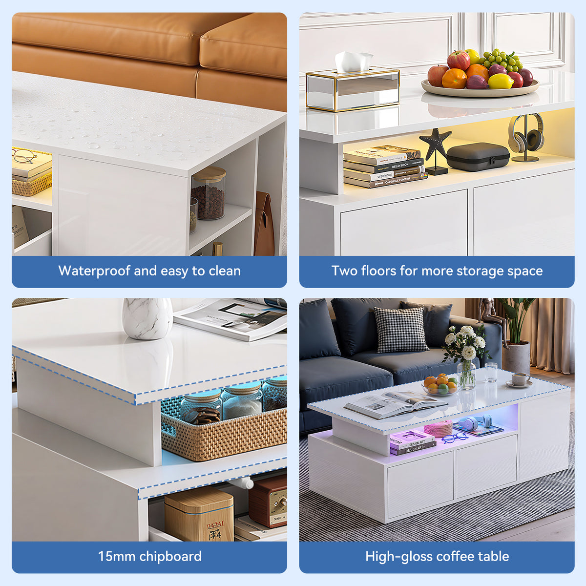 OYAJIA White High Gloss Coffee Table with RGB LED Lights