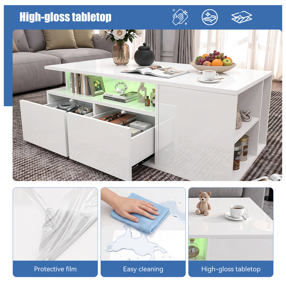 OYAJIA White High Gloss Coffee Table with RGB LED Lights
