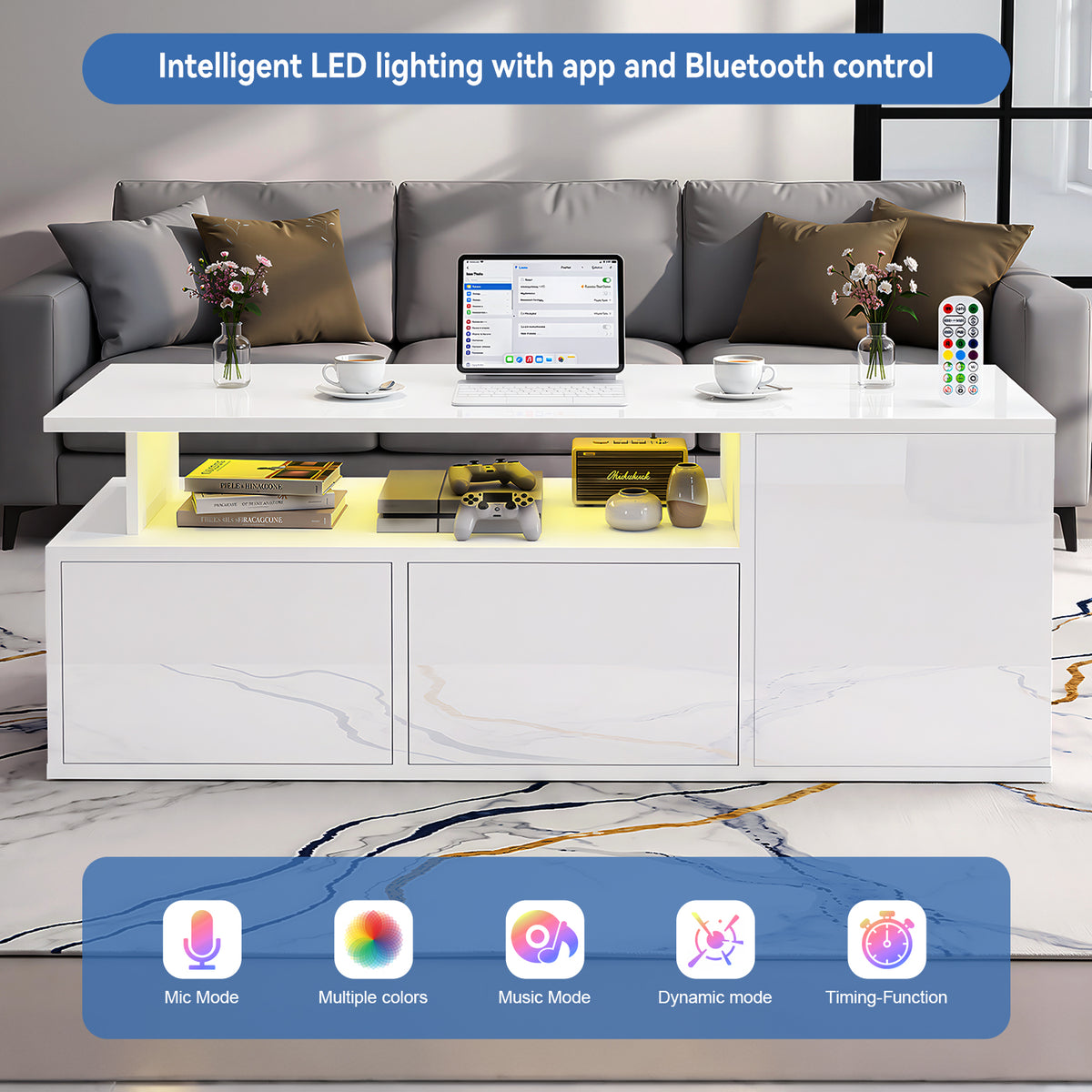 OYAJIA White High Gloss Coffee Table with RGB LED Lights