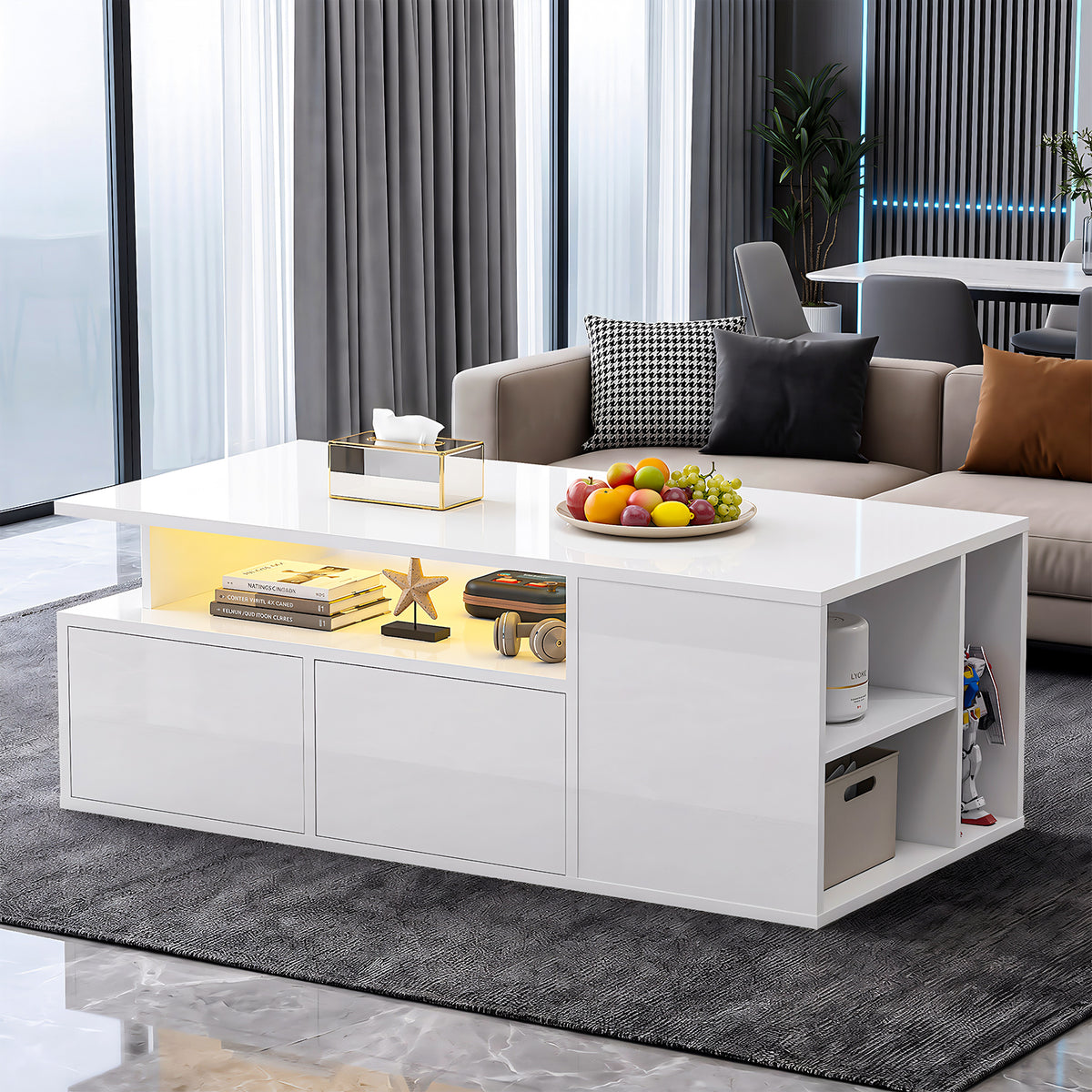 OYAJIA White High Gloss Coffee Table with RGB LED Lights