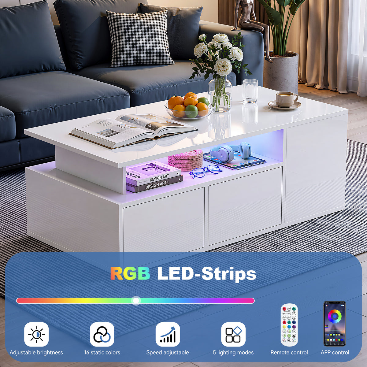 OYAJIA White High Gloss Coffee Table with RGB LED Lights