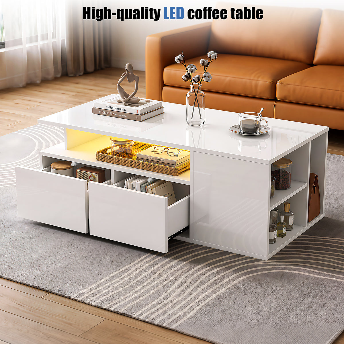 OYAJIA White High Gloss Coffee Table with RGB LED Lights