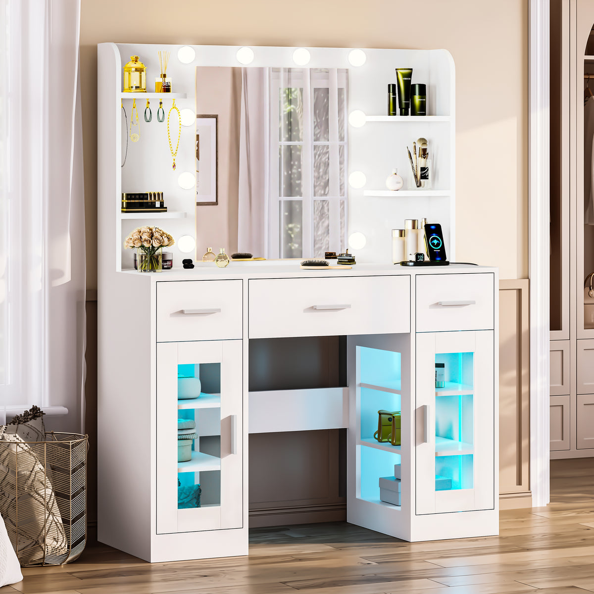 OYAJIA White Vanity Desk with RGB LED Mirror