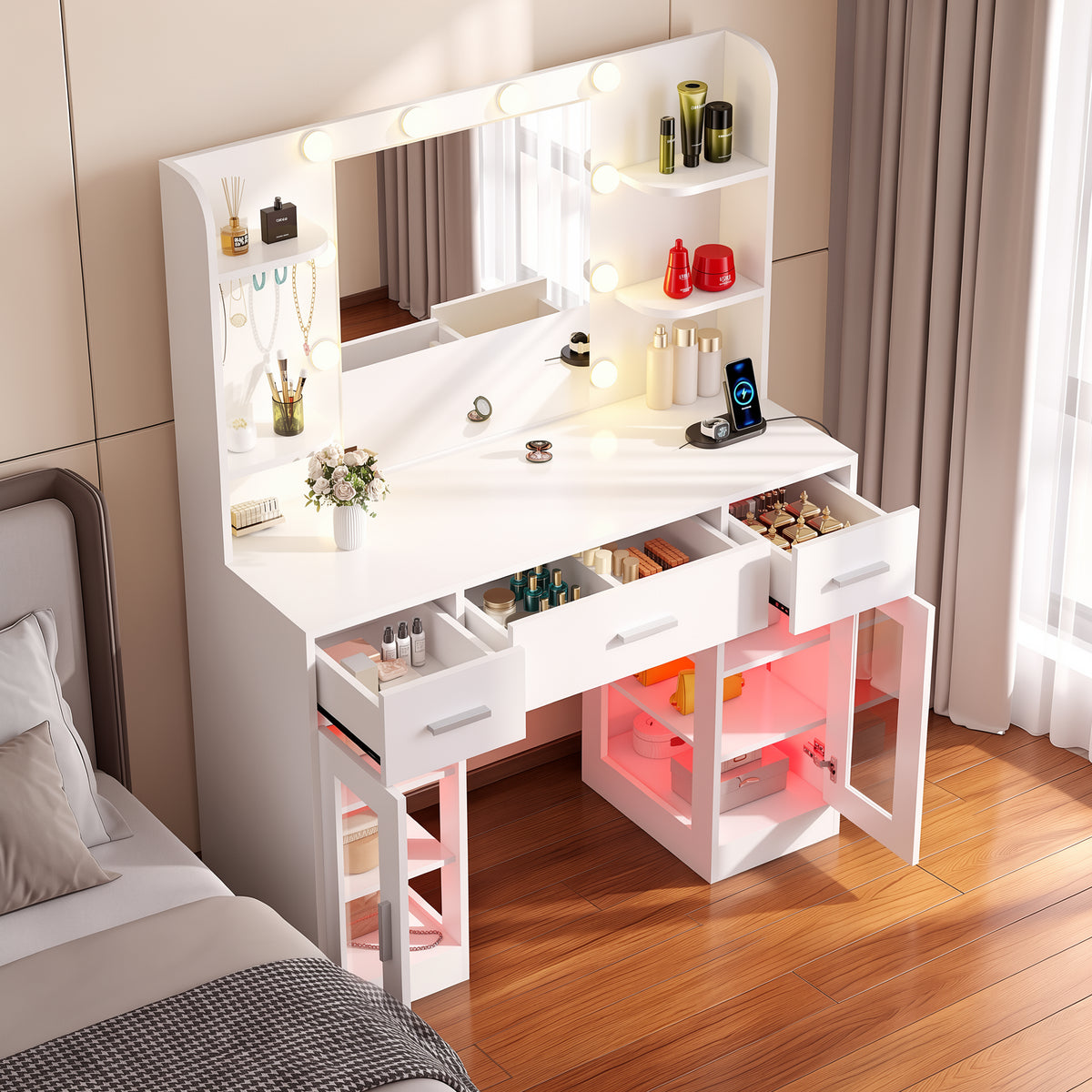 OYAJIA White Vanity Desk with RGB LED Mirror