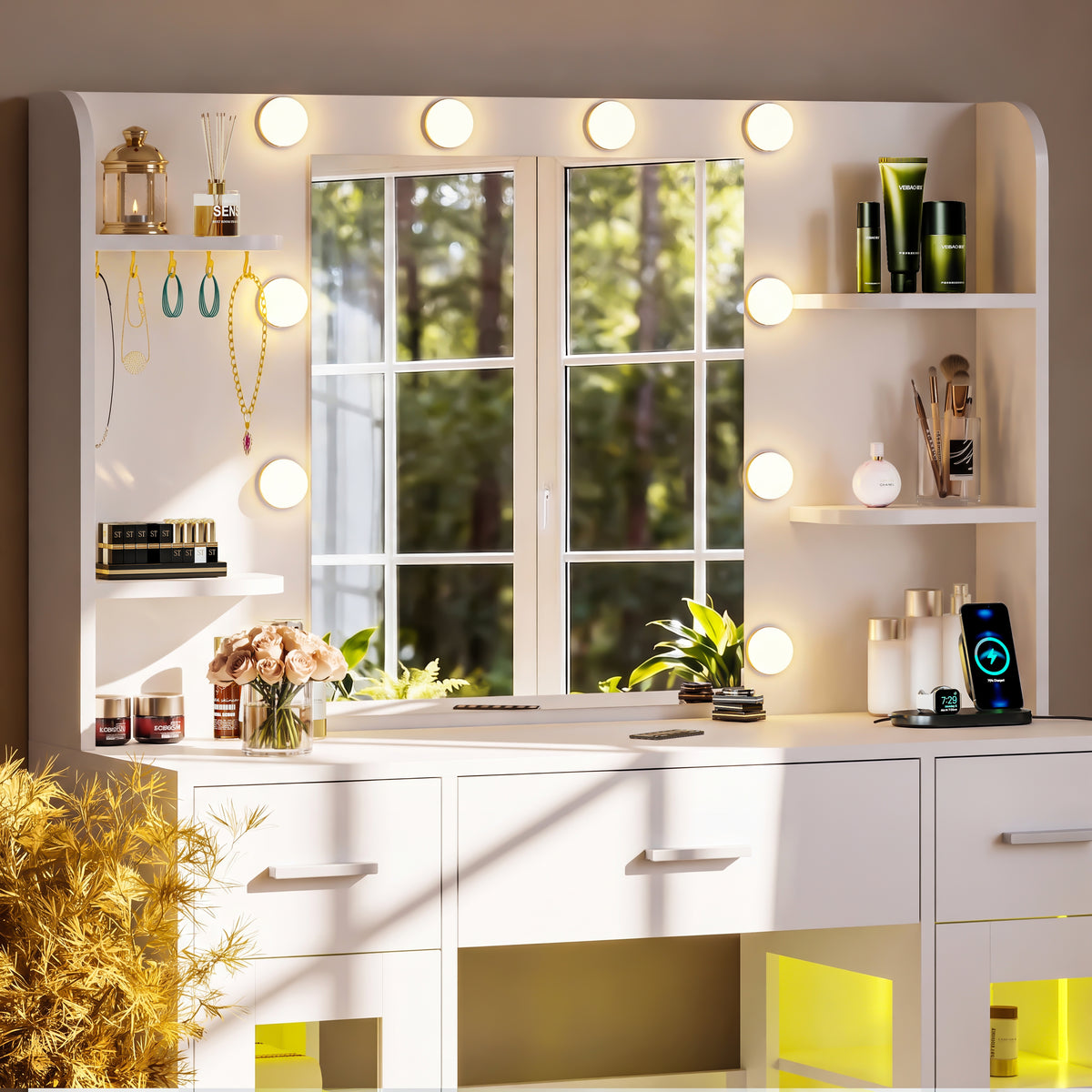 OYAJIA White Vanity Desk with RGB LED Mirror