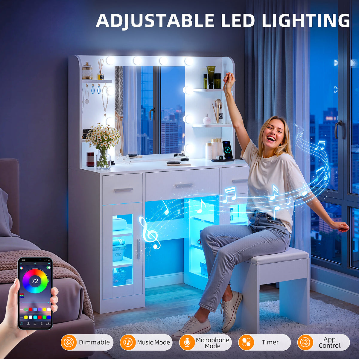 OYAJIA White Vanity Desk with RGB LED Mirror