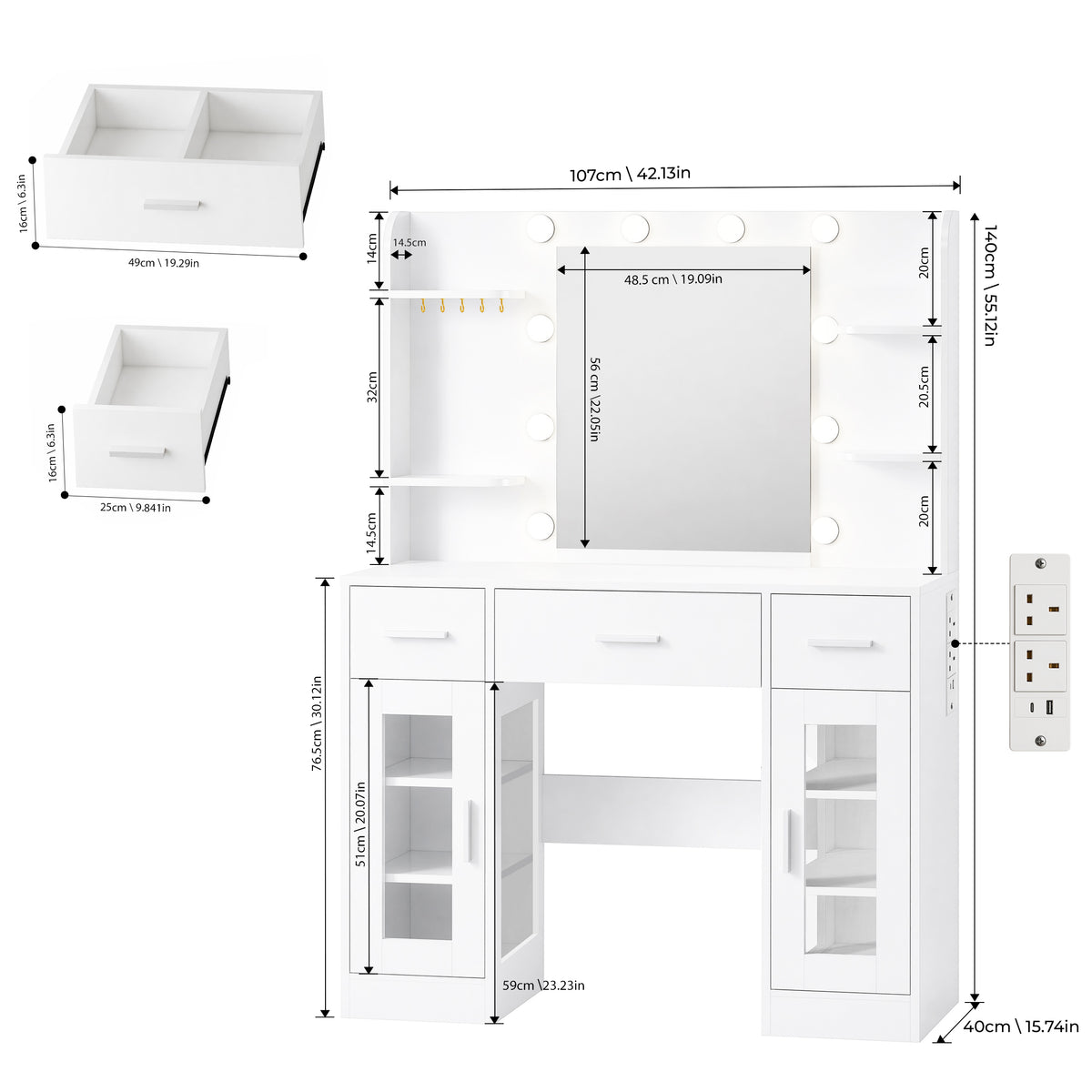 OYAJIA White Vanity Desk with RGB LED Mirror