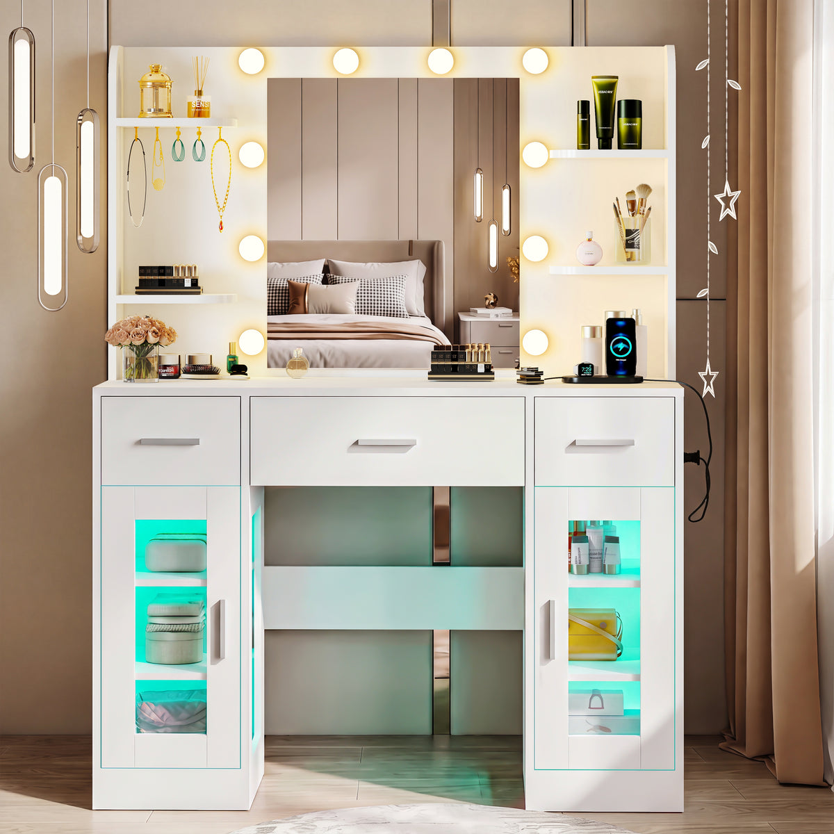 OYAJIA White Vanity Desk with RGB LED Mirror