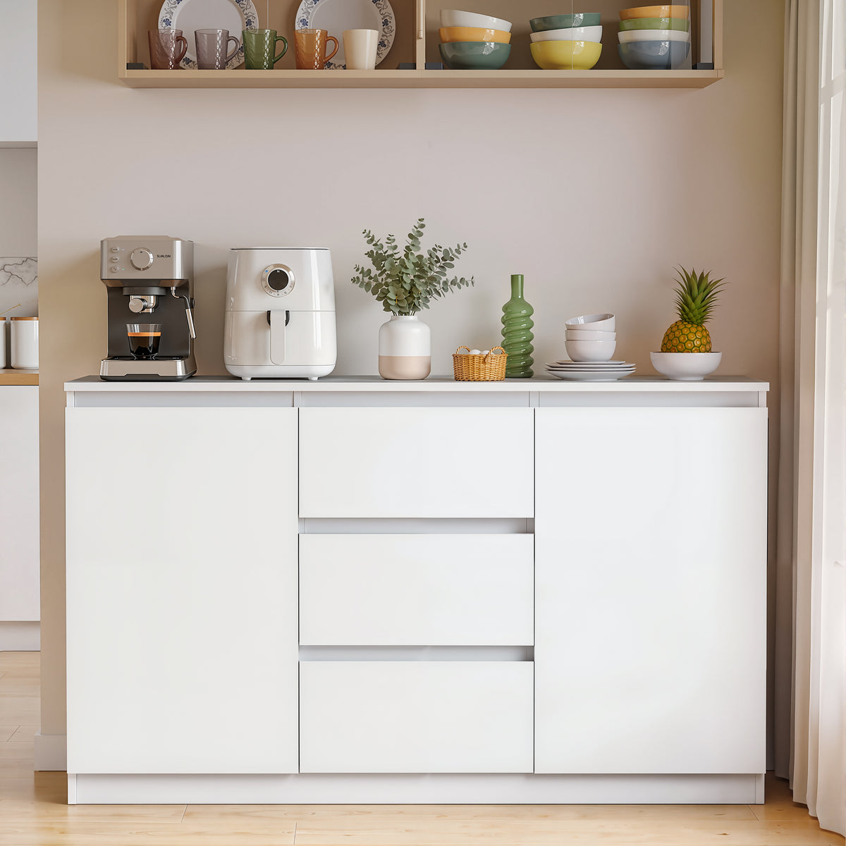 OYAJIA 120cm Sideboard with 2 Doors, 3 Drawers & Adjustable Shelves