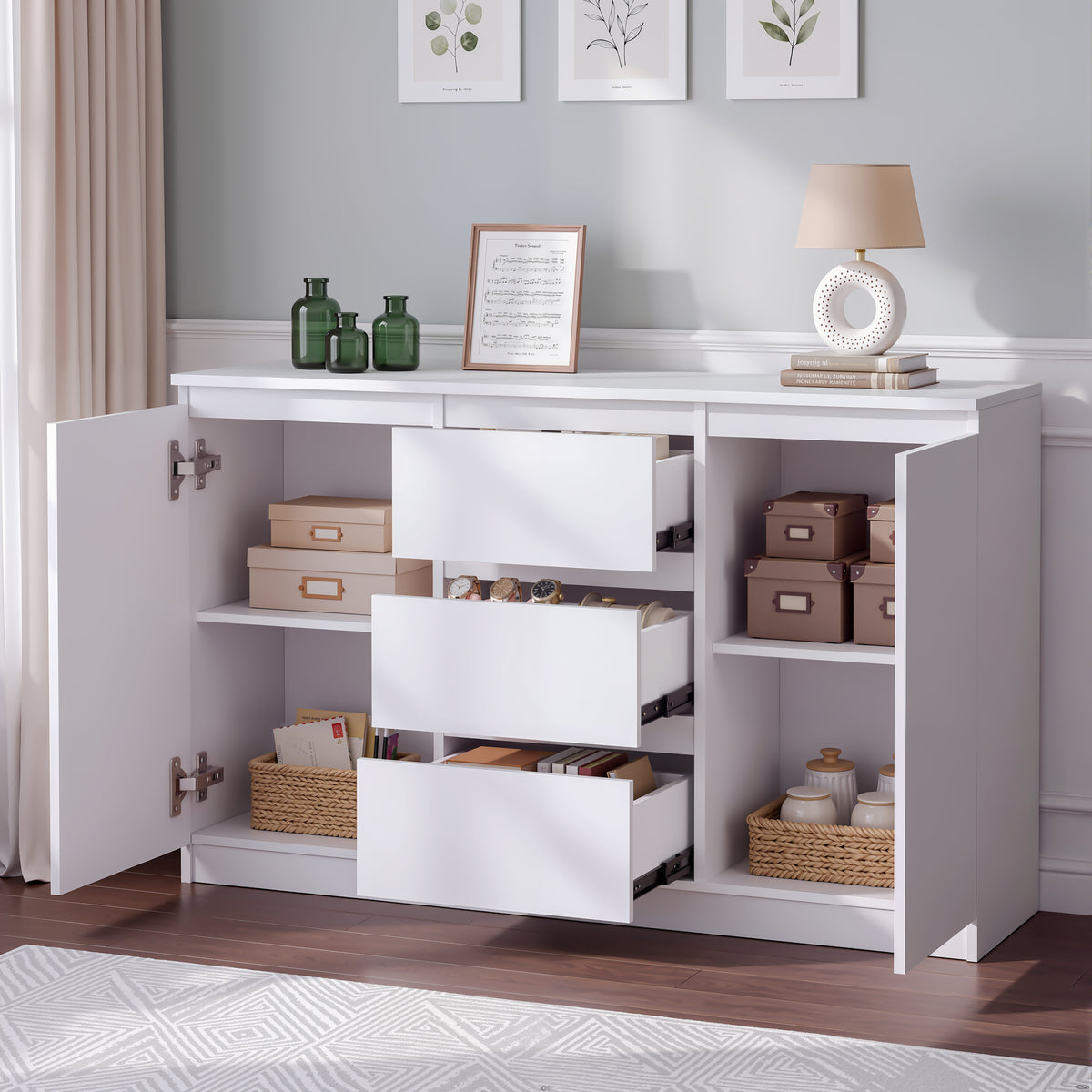 OYAJIA 120cm Sideboard with 2 Doors, 3 Drawers & Adjustable Shelves