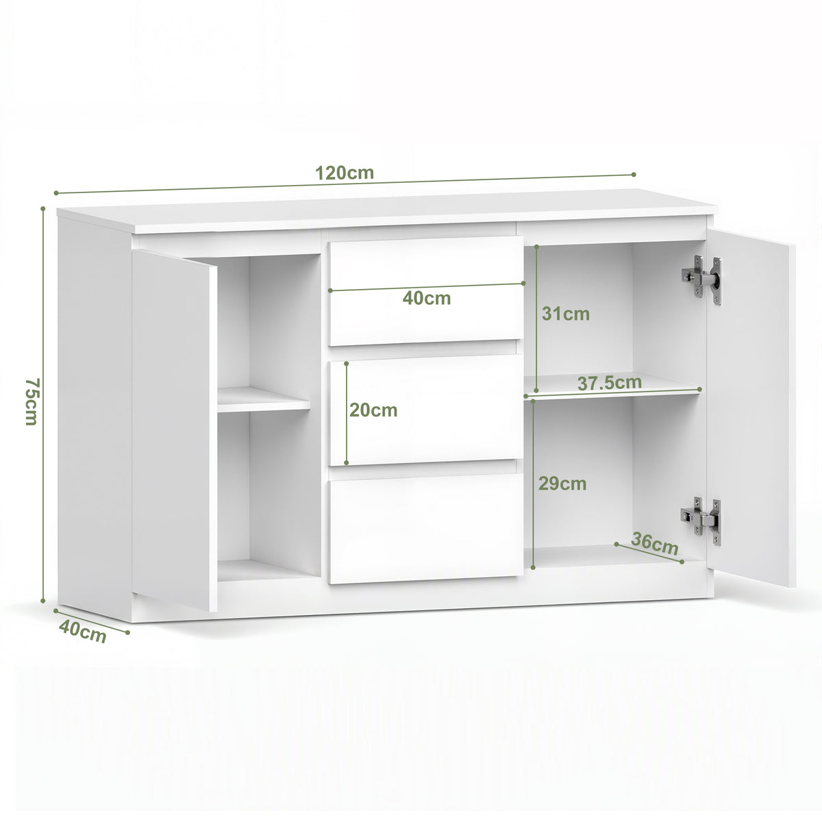 OYAJIA 120cm Sideboard with 2 Doors, 3 Drawers & Adjustable Shelves