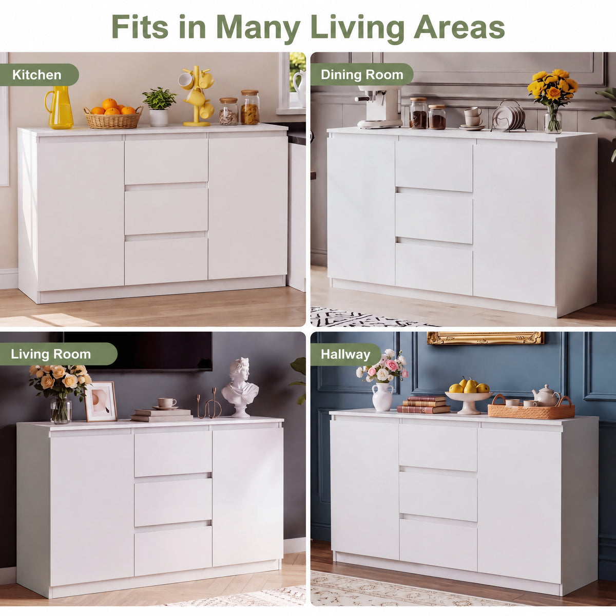 OYAJIA 120cm Sideboard with 2 Doors, 3 Drawers & Adjustable Shelves