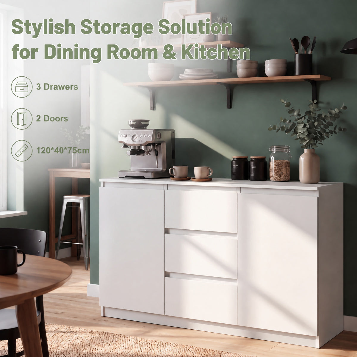 OYAJIA 120cm Sideboard with 2 Doors, 3 Drawers & Adjustable Shelves