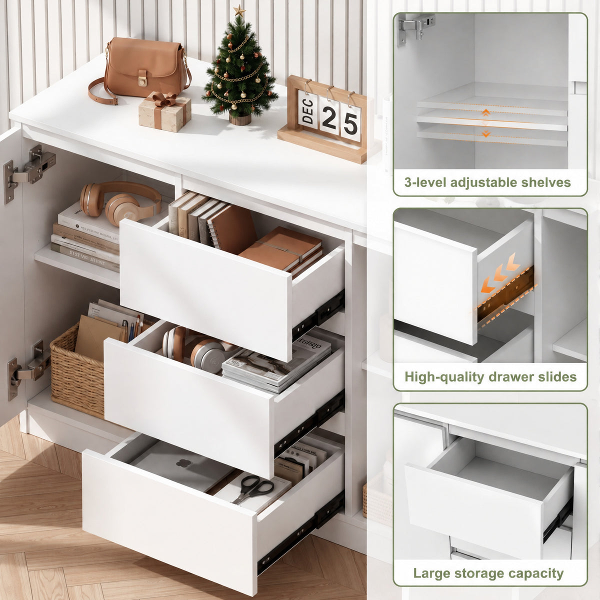 OYAJIA 120cm Sideboard with 2 Doors, 3 Drawers & Adjustable Shelves