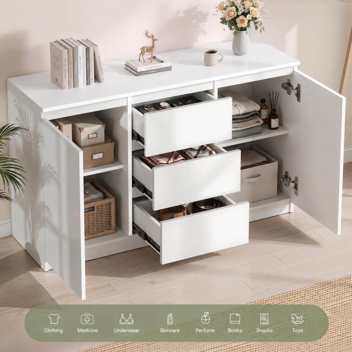 OYAJIA 120cm Sideboard with 2 Doors, 3 Drawers & Adjustable Shelves