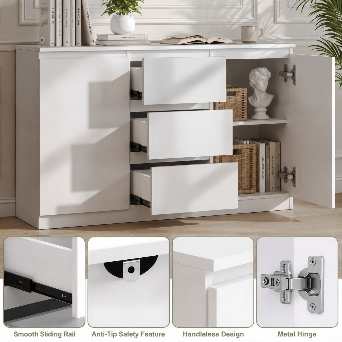 OYAJIA 120cm Sideboard with 2 Doors, 3 Drawers & Adjustable Shelves