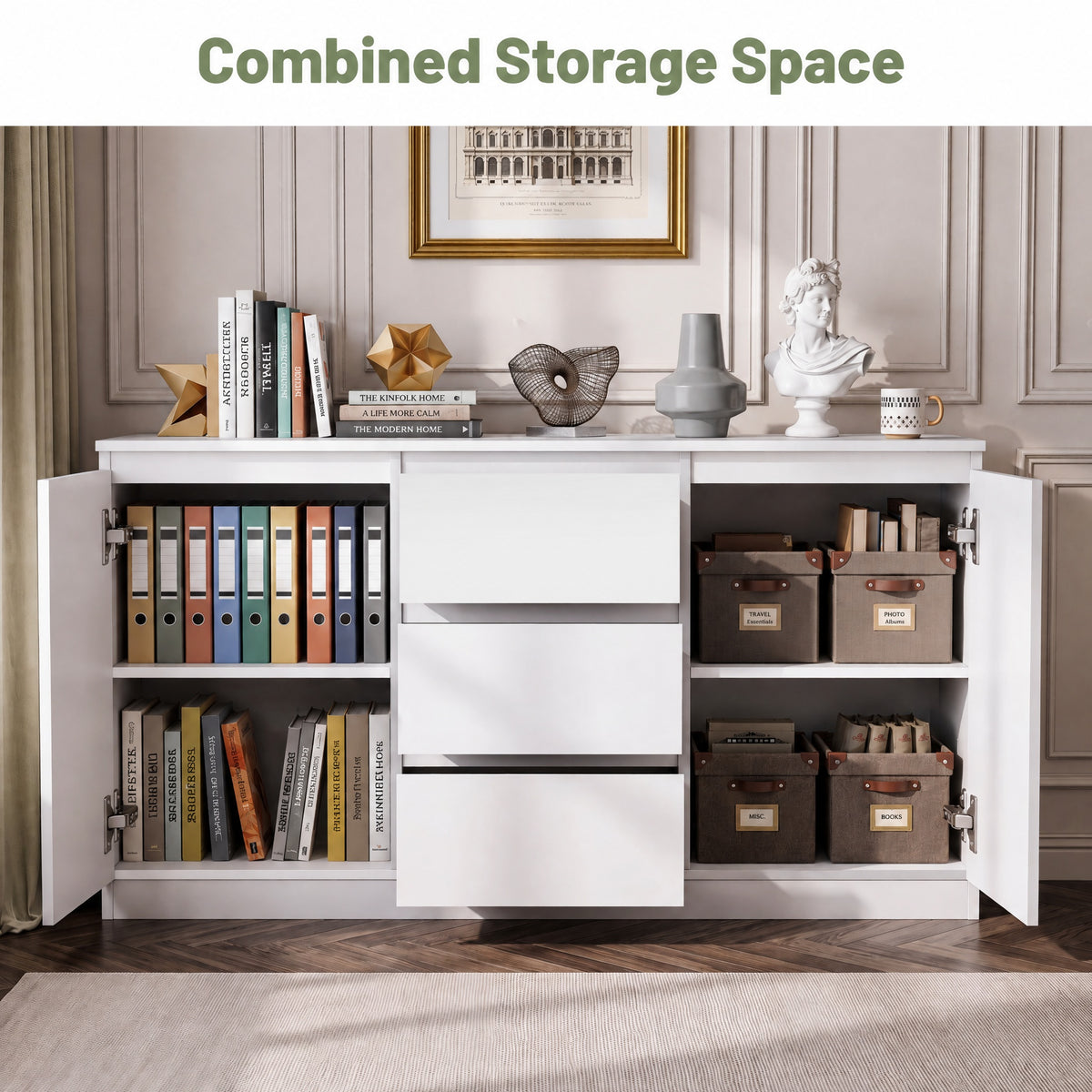 OYAJIA 120cm Sideboard with 2 Doors, 3 Drawers & Adjustable Shelves