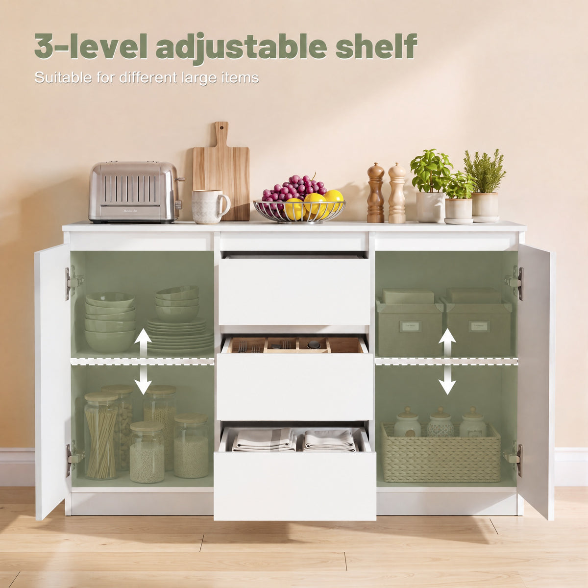 OYAJIA 120cm Sideboard with 2 Doors, 3 Drawers & Adjustable Shelves