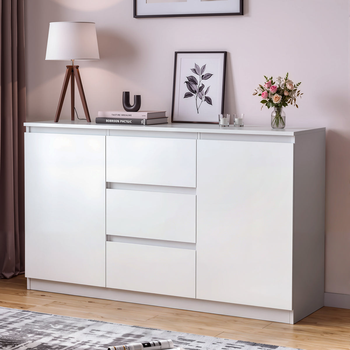 OYAJIA 120cm Sideboard with 2 Doors, 3 Drawers & Adjustable Shelves