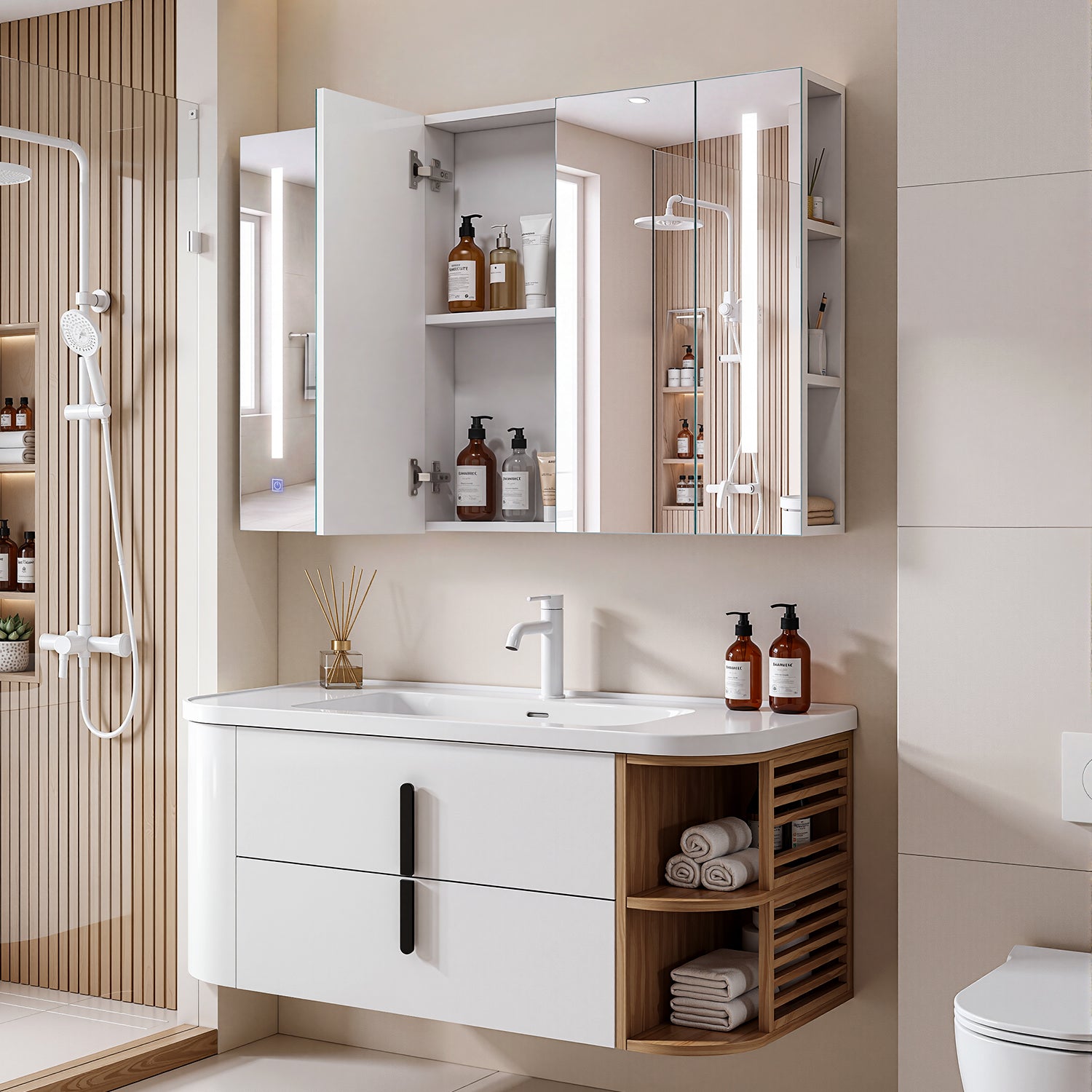 OYAJIA Bathroom Mirror Cabinet with 3 Light Colors, 2 Doors and Adjustable Shelves