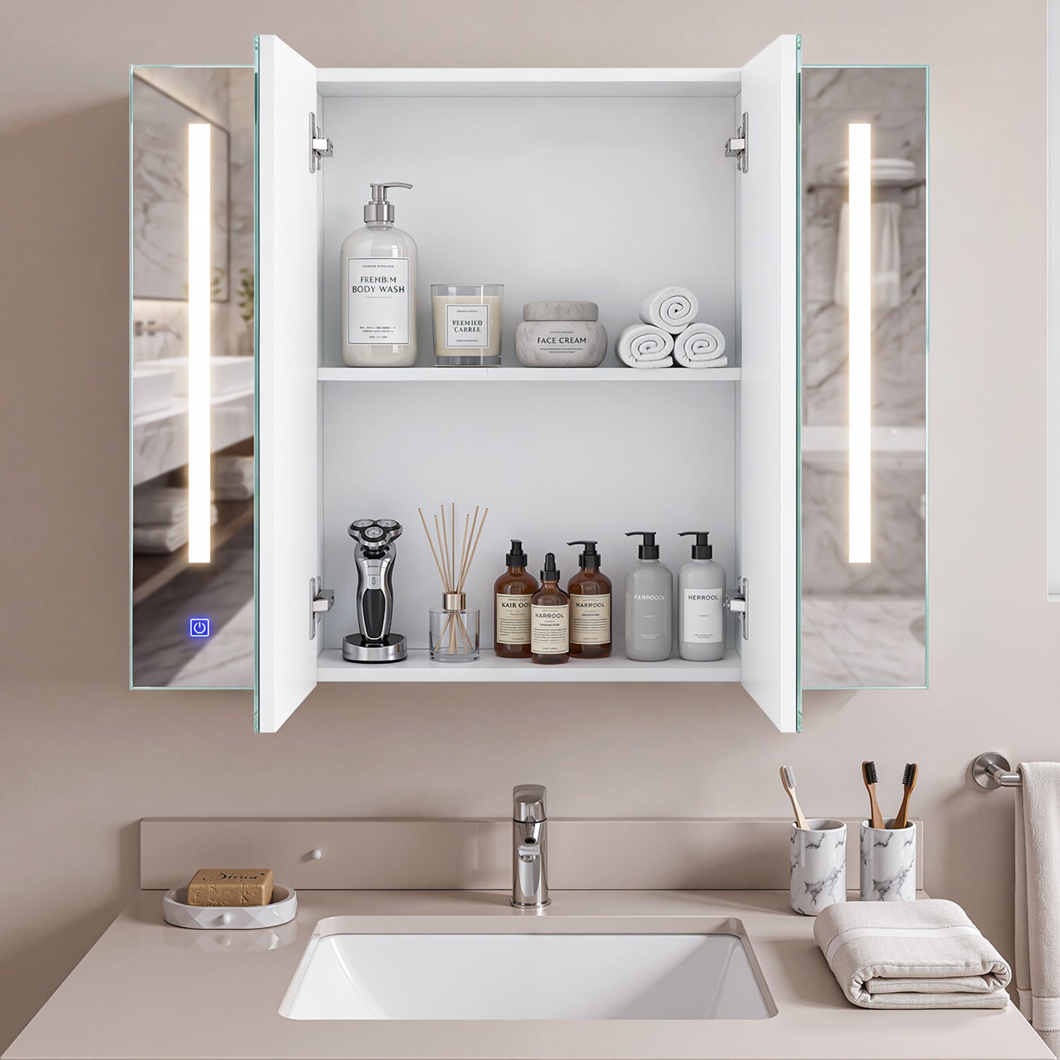 OYAJIA Bathroom Mirror Cabinet with 3 Light Colors, 2 Doors and Adjustable Shelves
