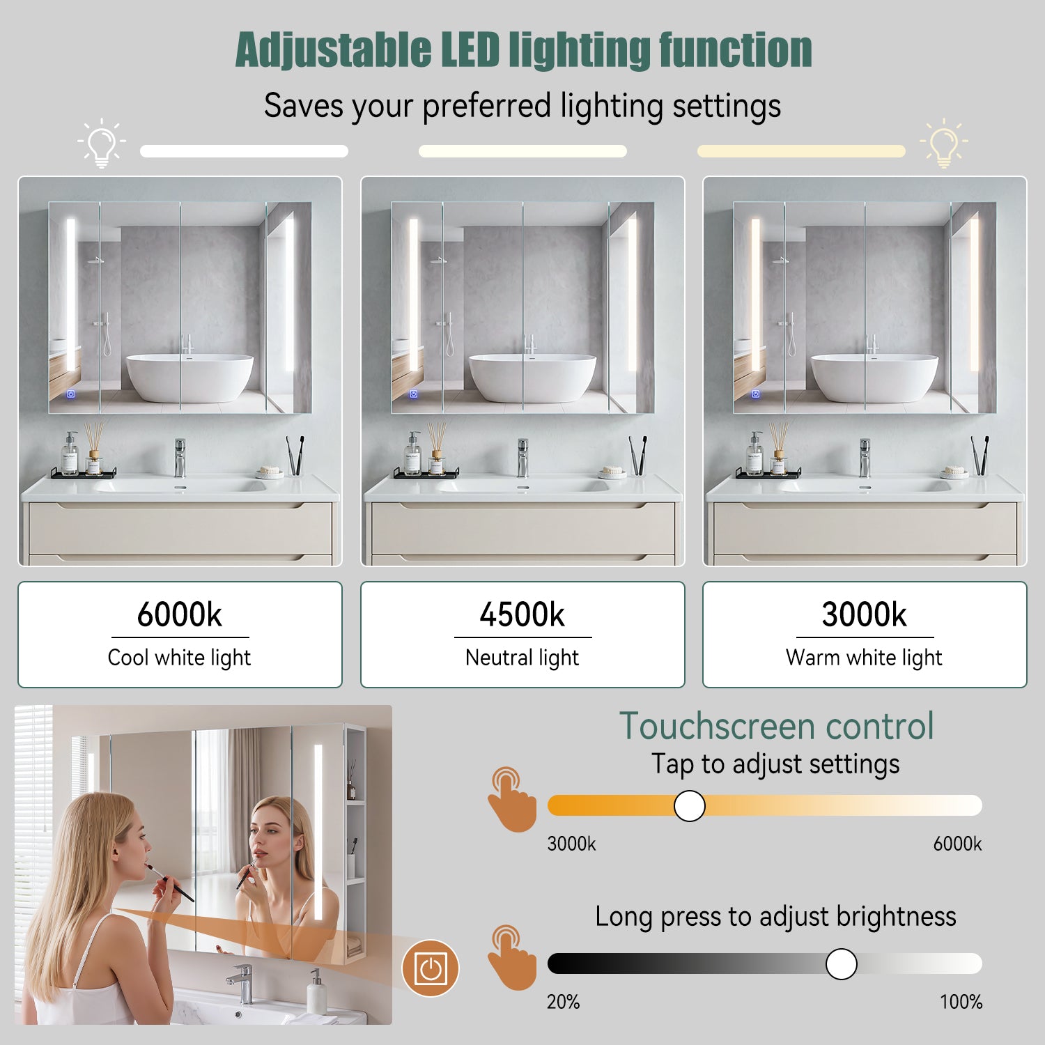 OYAJIA Bathroom Mirror Cabinet with 3 Light Colors, 2 Doors and Adjustable Shelves