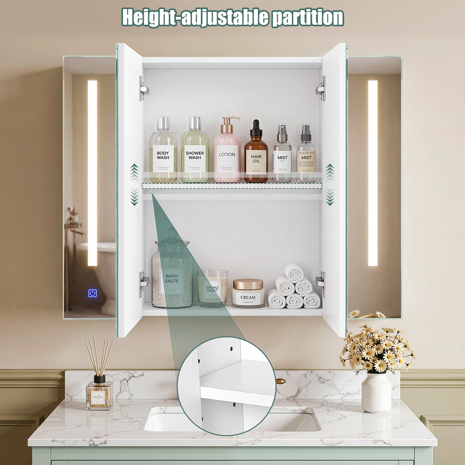 OYAJIA Bathroom Mirror Cabinet with 3 Light Colors, 2 Doors and Adjustable Shelves