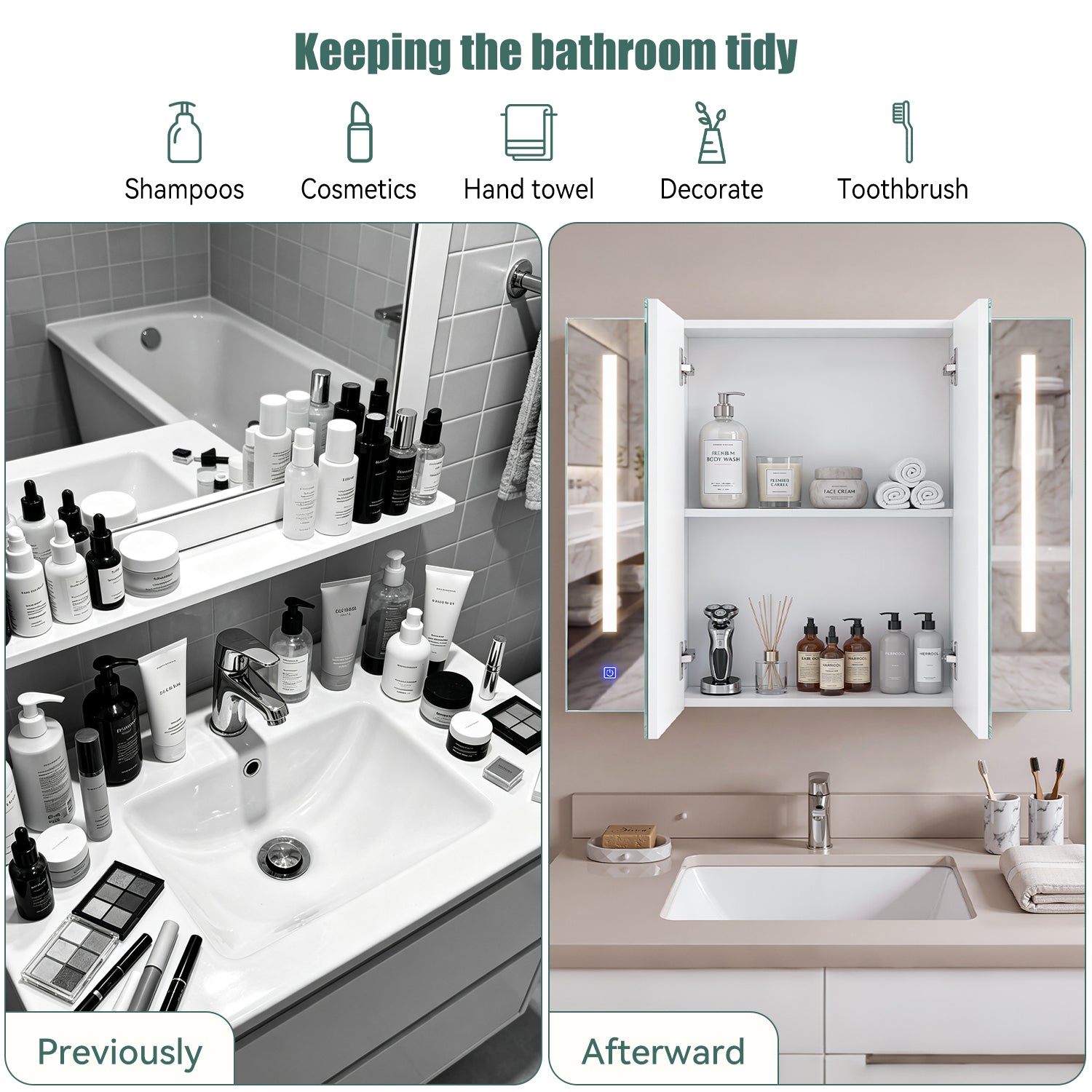 OYAJIA Bathroom Mirror Cabinet with 3 Light Colors, 2 Doors and Adjustable Shelves