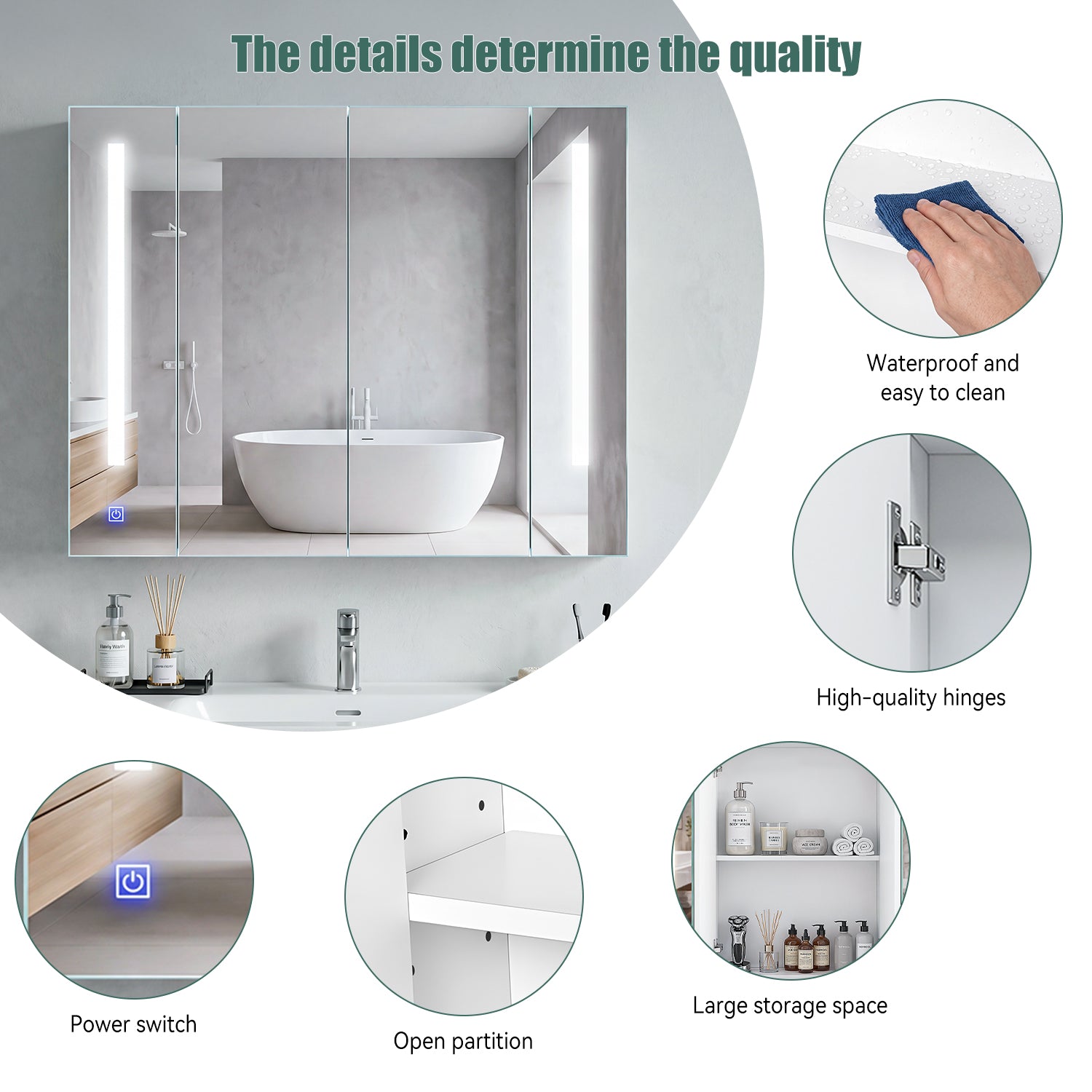 OYAJIA Bathroom Mirror Cabinet with 3 Light Colors, 2 Doors and Adjustable Shelves