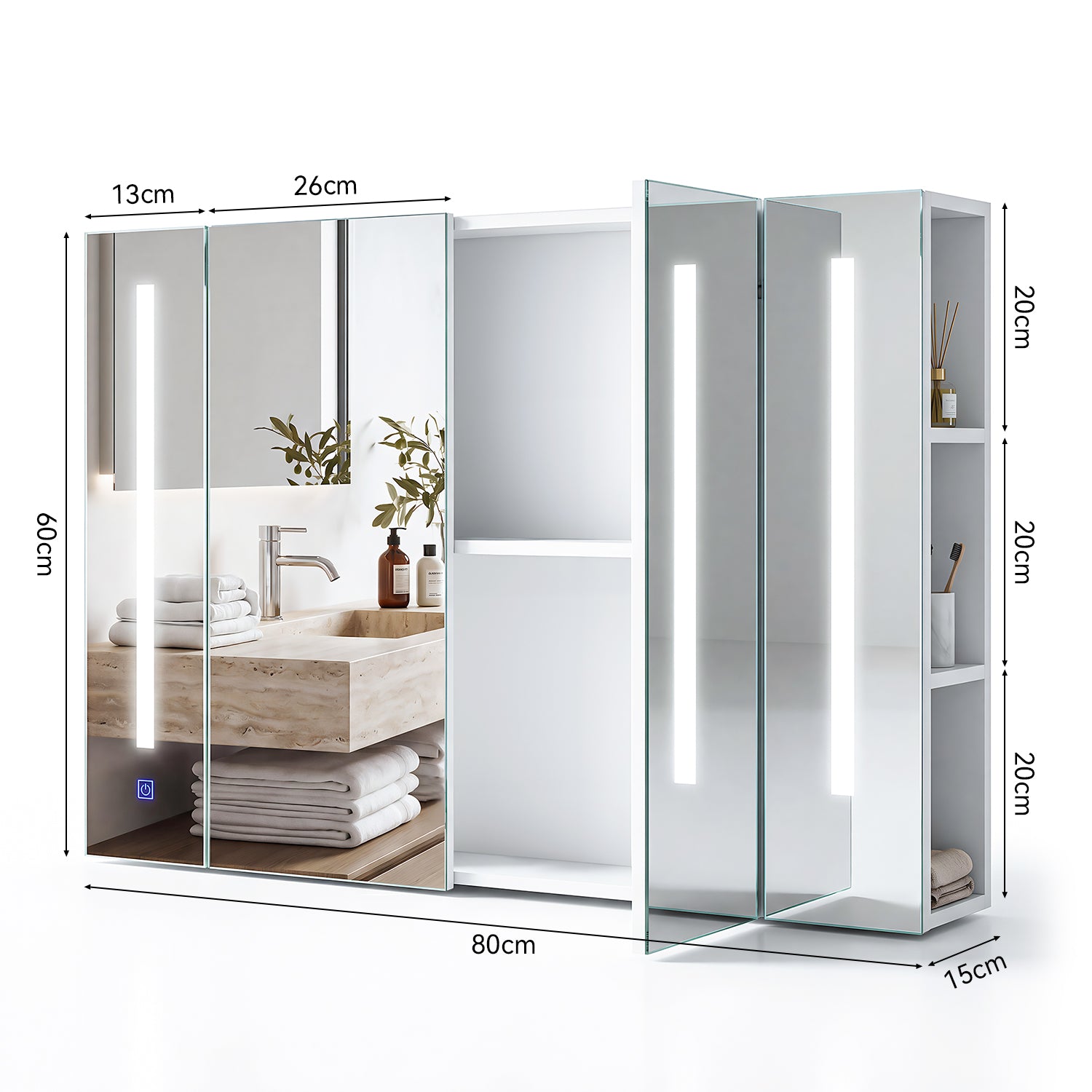 OYAJIA Bathroom Mirror Cabinet with 3 Light Colors, 2 Doors and Adjustable Shelves