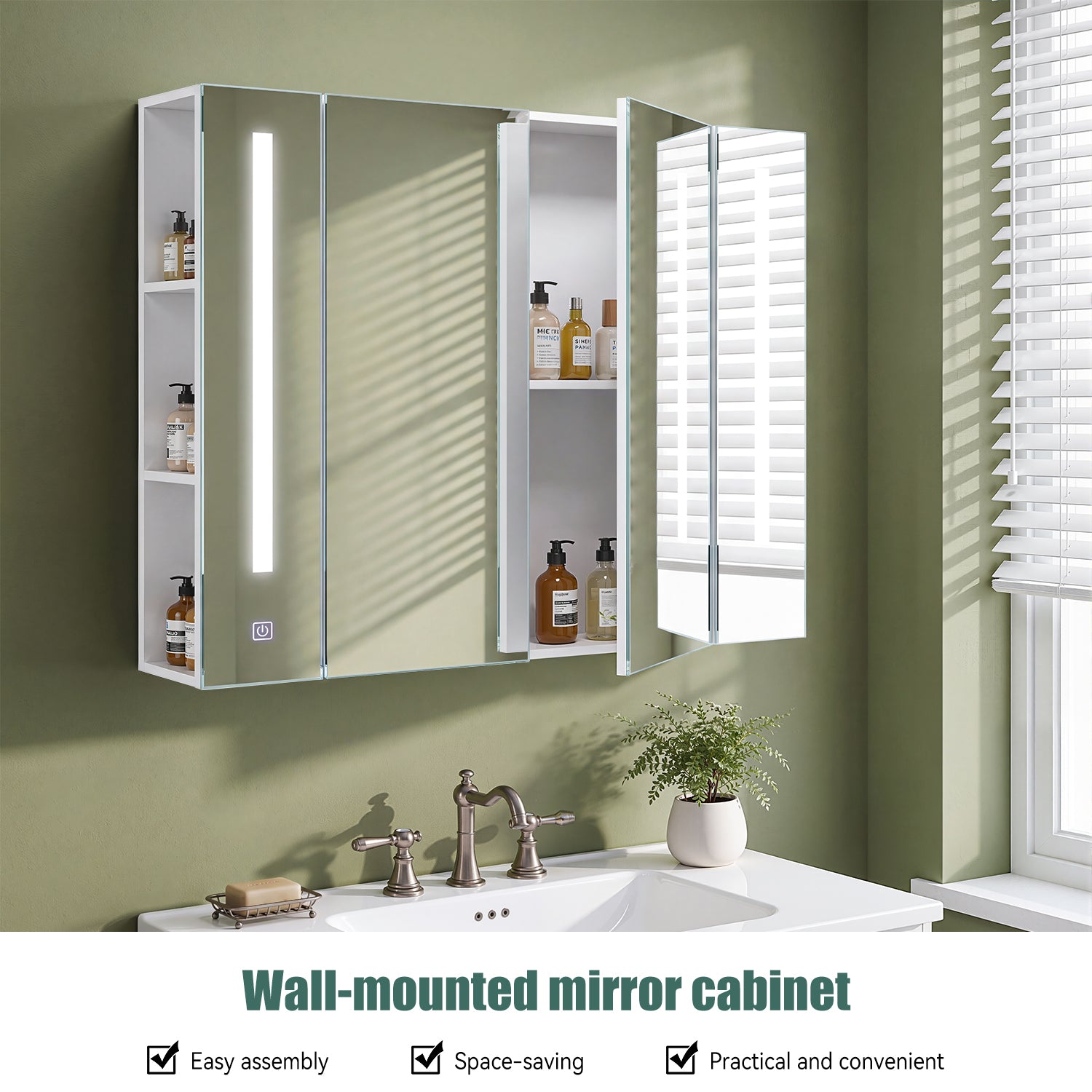 OYAJIA Bathroom Mirror Cabinet with 3 Light Colors, 2 Doors and Adjustable Shelves